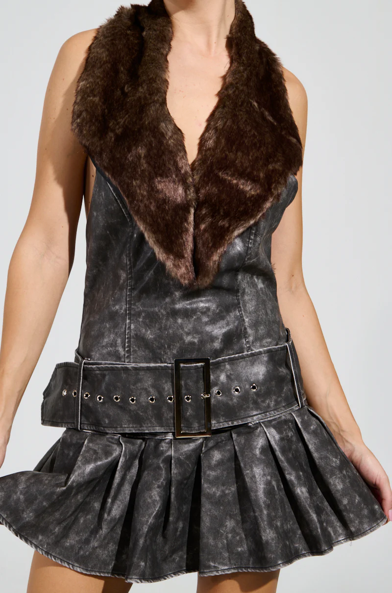 STEPPING OUT PU FUR TRIM MINI DRESS - Image 7