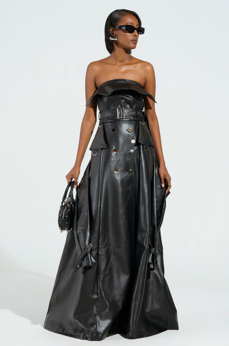 STRAPLESS TRENCH MAXI DRESS IN PU - Image 3