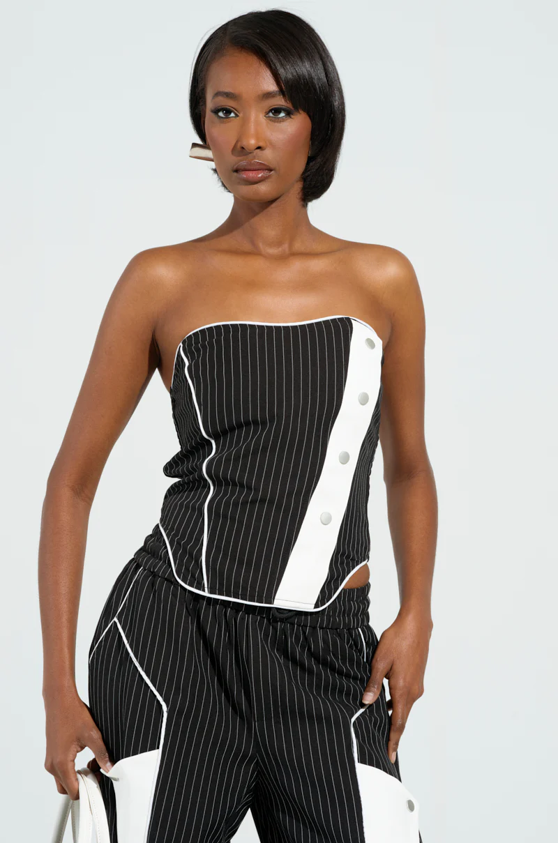 STRICTLY BUSINESS PINSTRIPE STRAPLESS TOP
