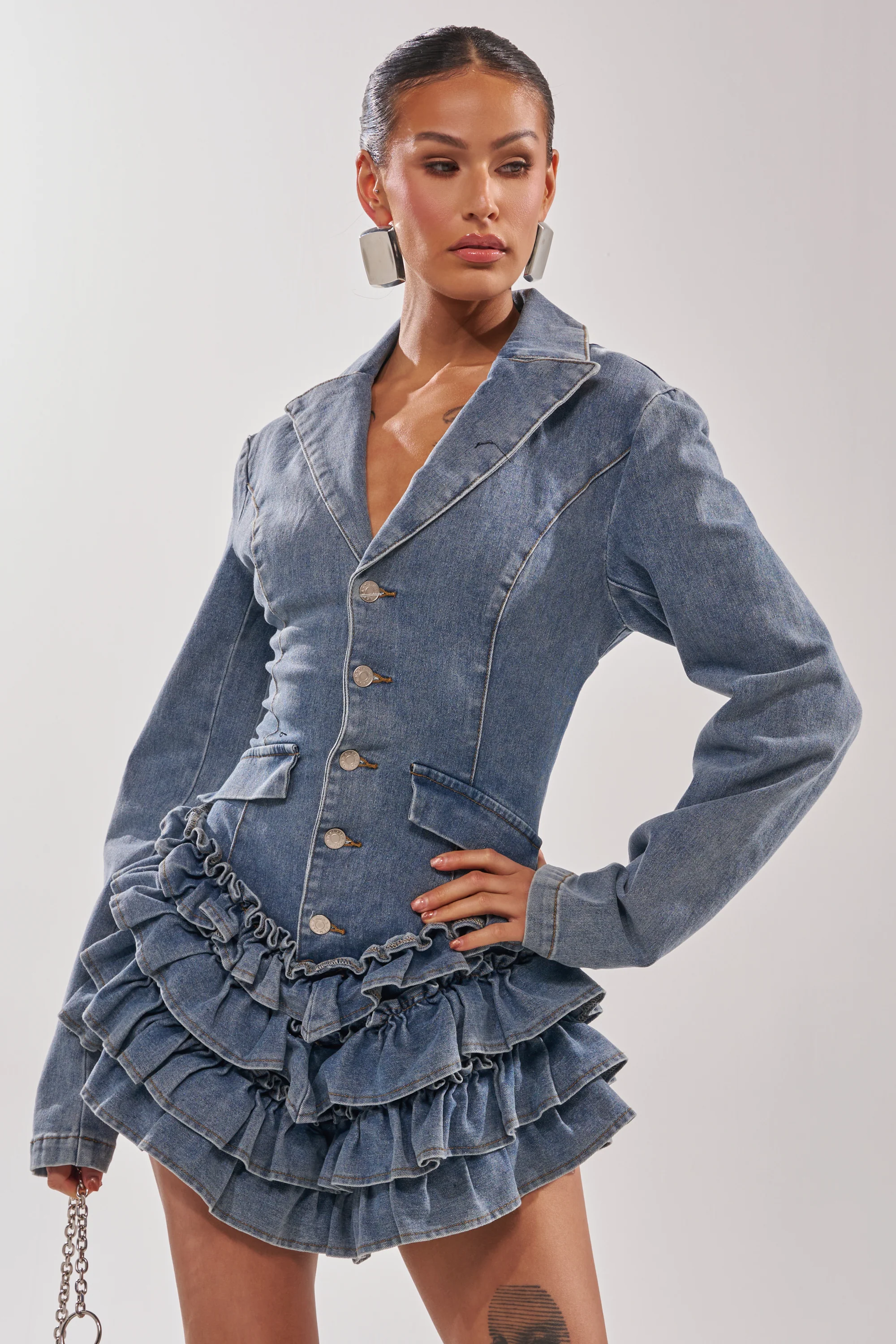 STRICTLY BUSINESS ROMPER IN LIGHT BLUE DENIM - Image 3