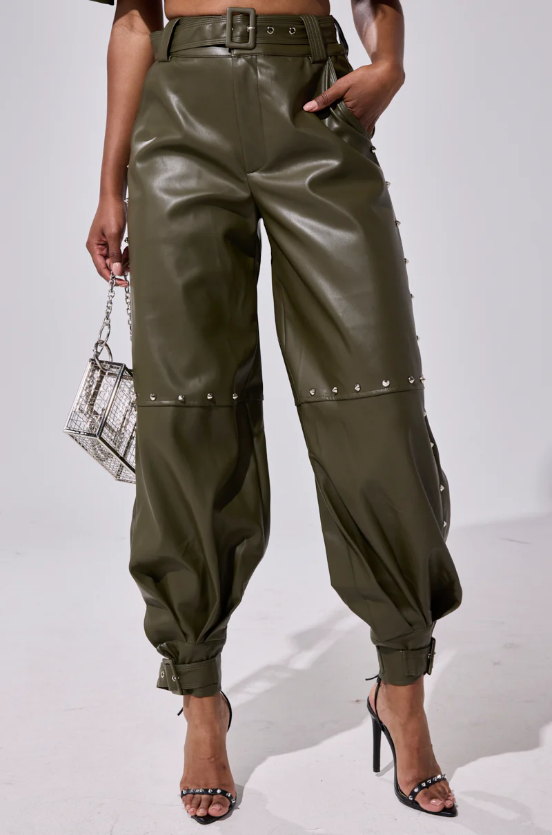 STUDDED FAUX LEATHER BELTED PANT - Image 2