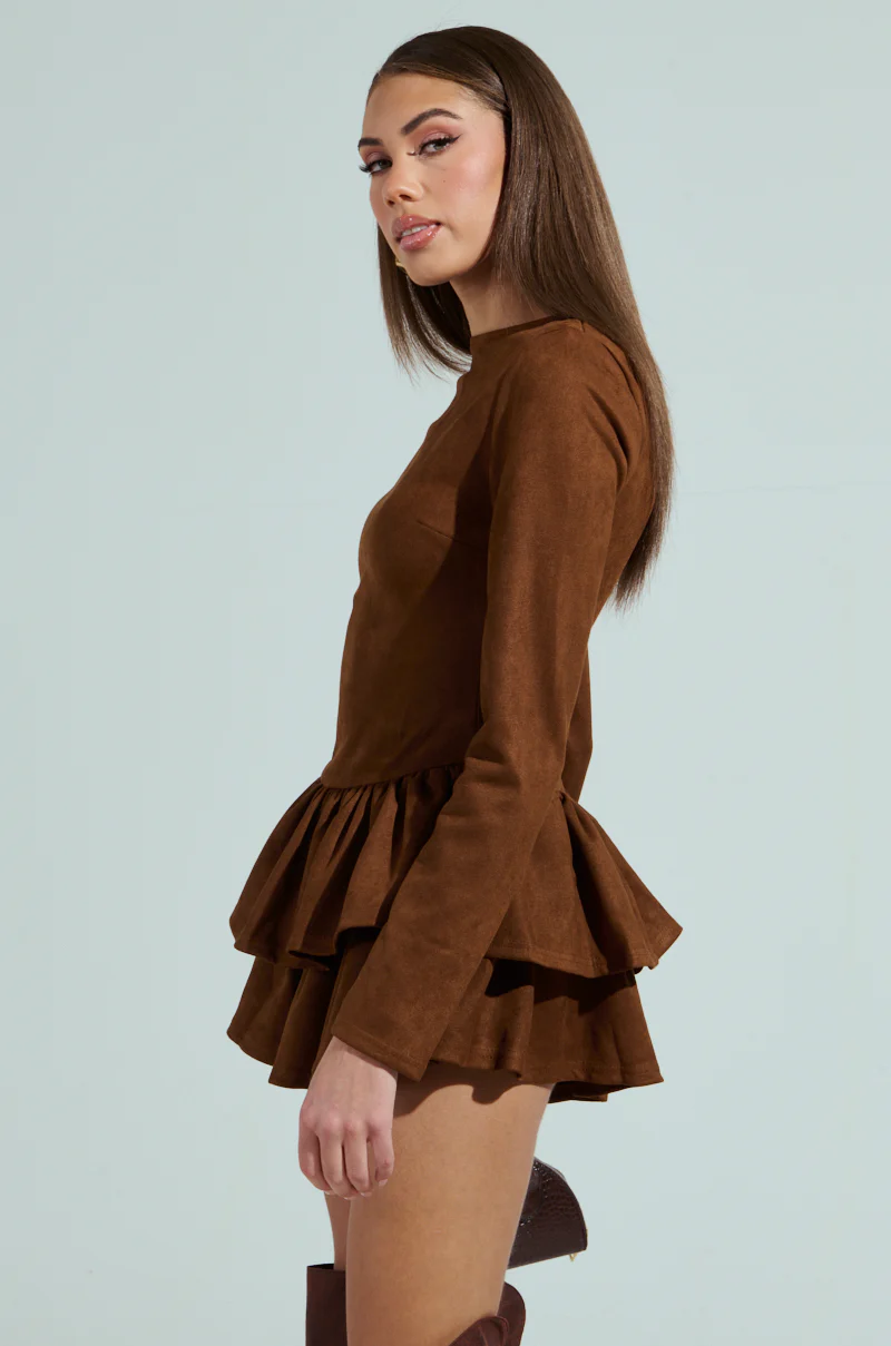 SUEDE RUFFLE LONG SLEEVE ROMPER - Image 3