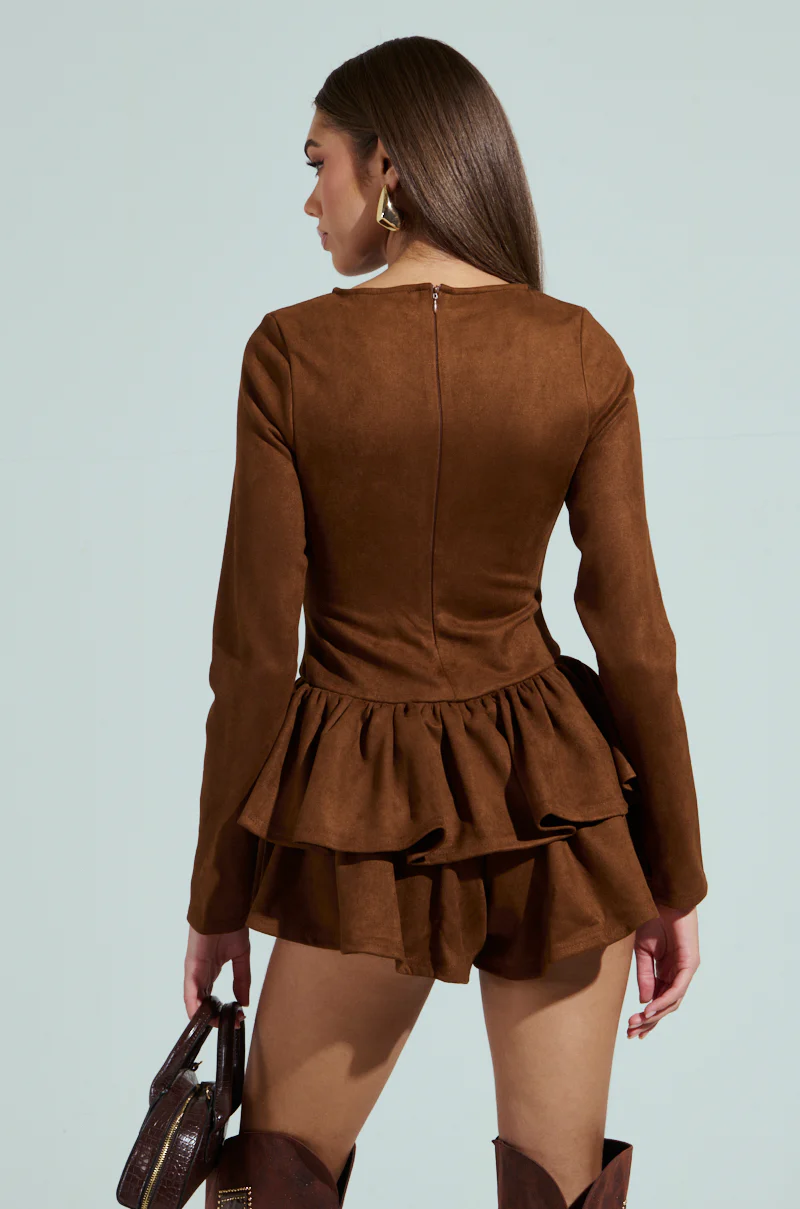 SUEDE RUFFLE LONG SLEEVE ROMPER - Image 4