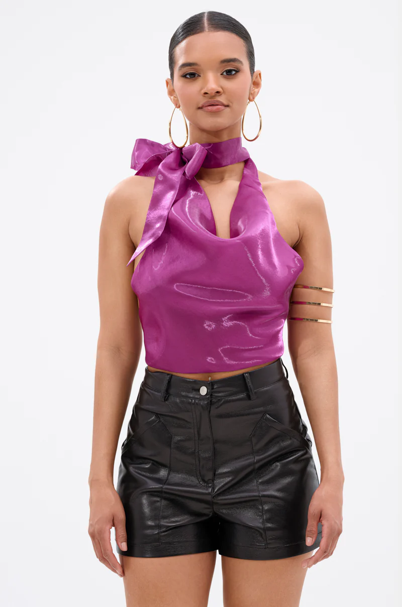 SUNSHINE COWL NECK SATIN BLOUSE IN PURPLE - Image 2