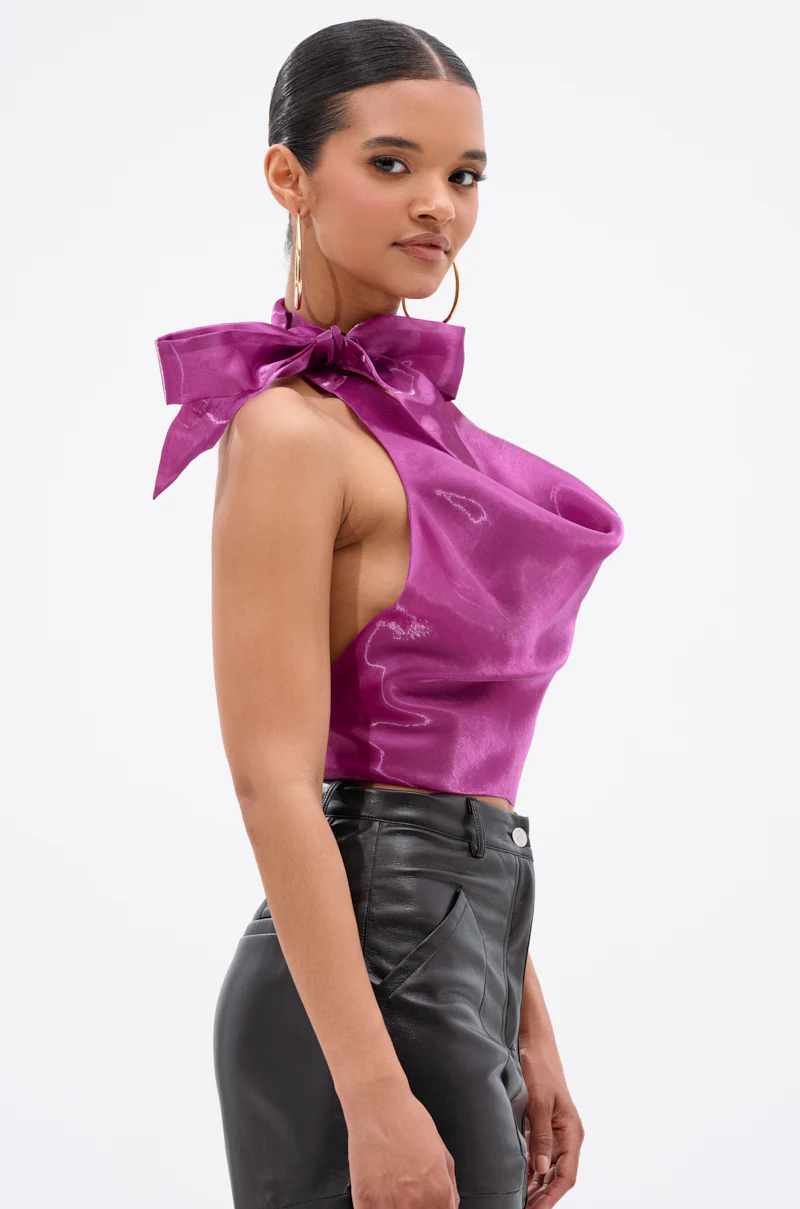 SUNSHINE COWL NECK SATIN BLOUSE IN PURPLE - Image 4