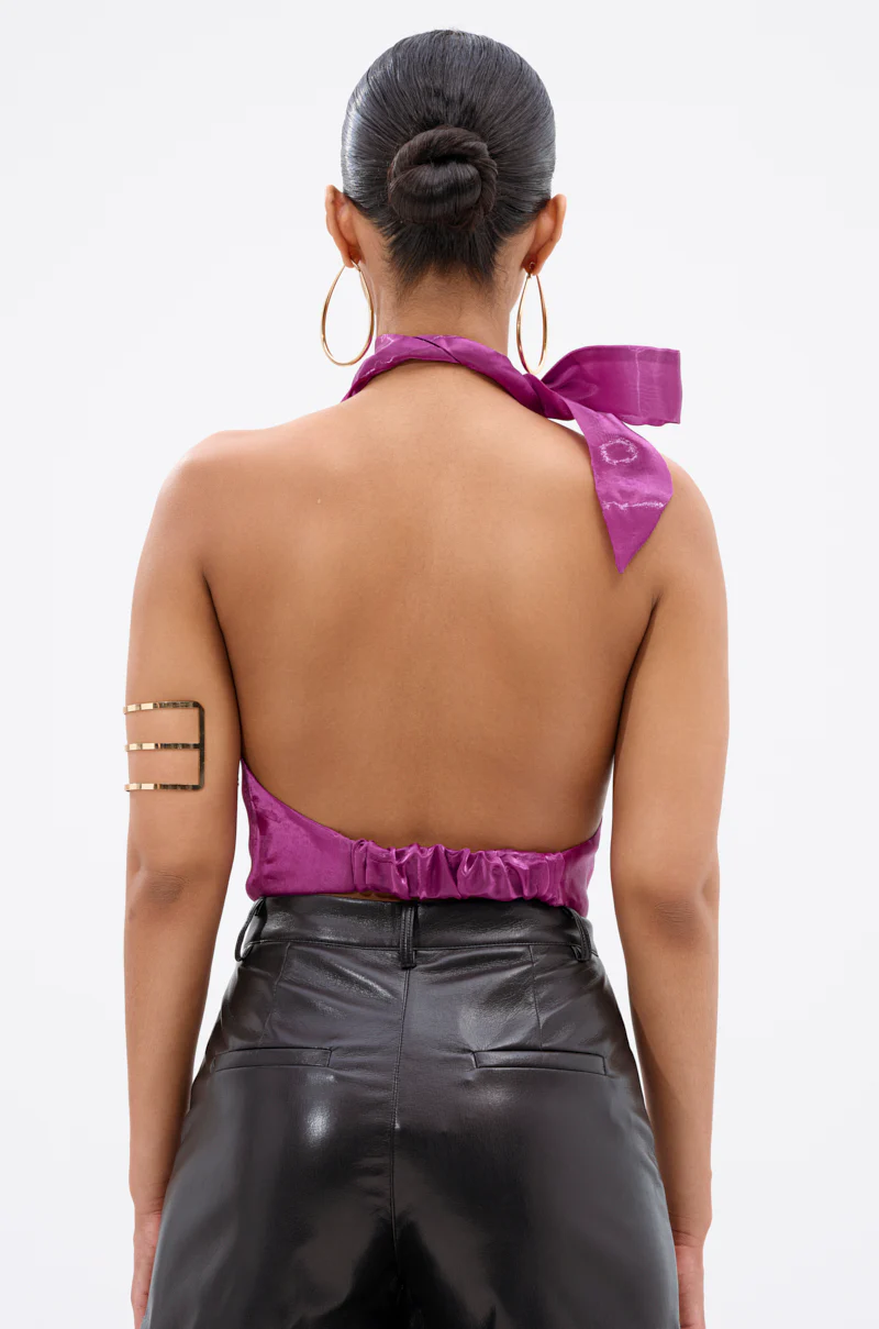 SUNSHINE COWL NECK SATIN BLOUSE IN PURPLE - Image 5