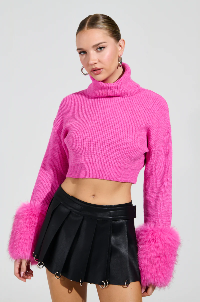 SYDNEY FUR CUFF CROPPED SWEATER IN HOT PINK - Image 2