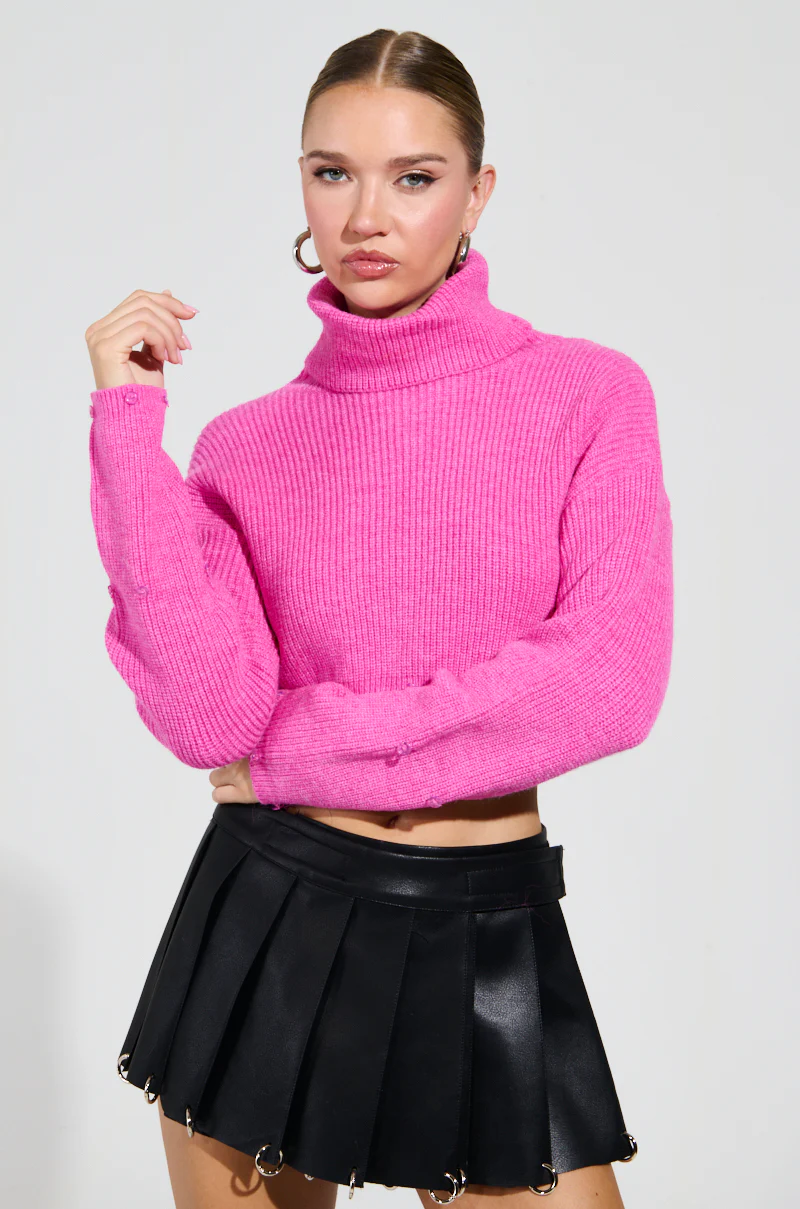 SYDNEY FUR CUFF CROPPED SWEATER IN HOT PINK - Image 3