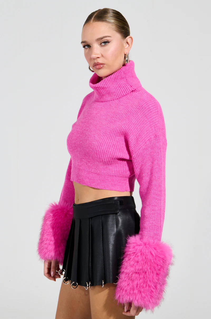 SYDNEY FUR CUFF CROPPED SWEATER IN HOT PINK - Image 6