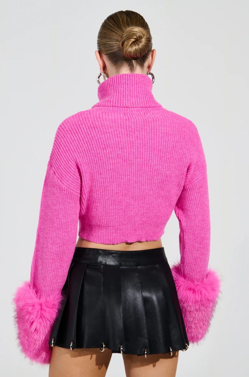 SYDNEY FUR CUFF CROPPED SWEATER IN HOT PINK - Image 7