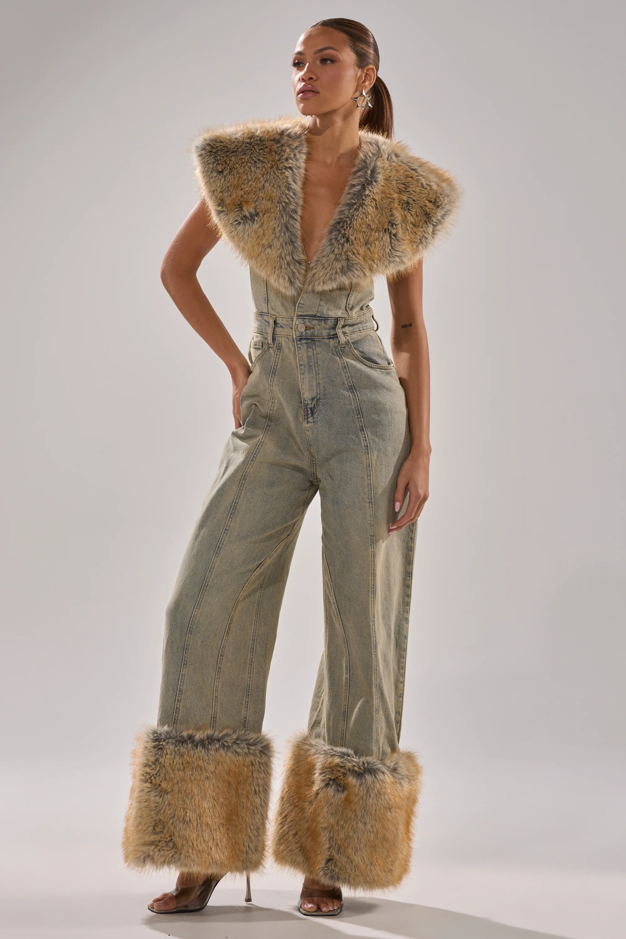 TALK THAT TALK DENIM FUR JUMPSUIT IN VINTAGE BLUE - Image 4