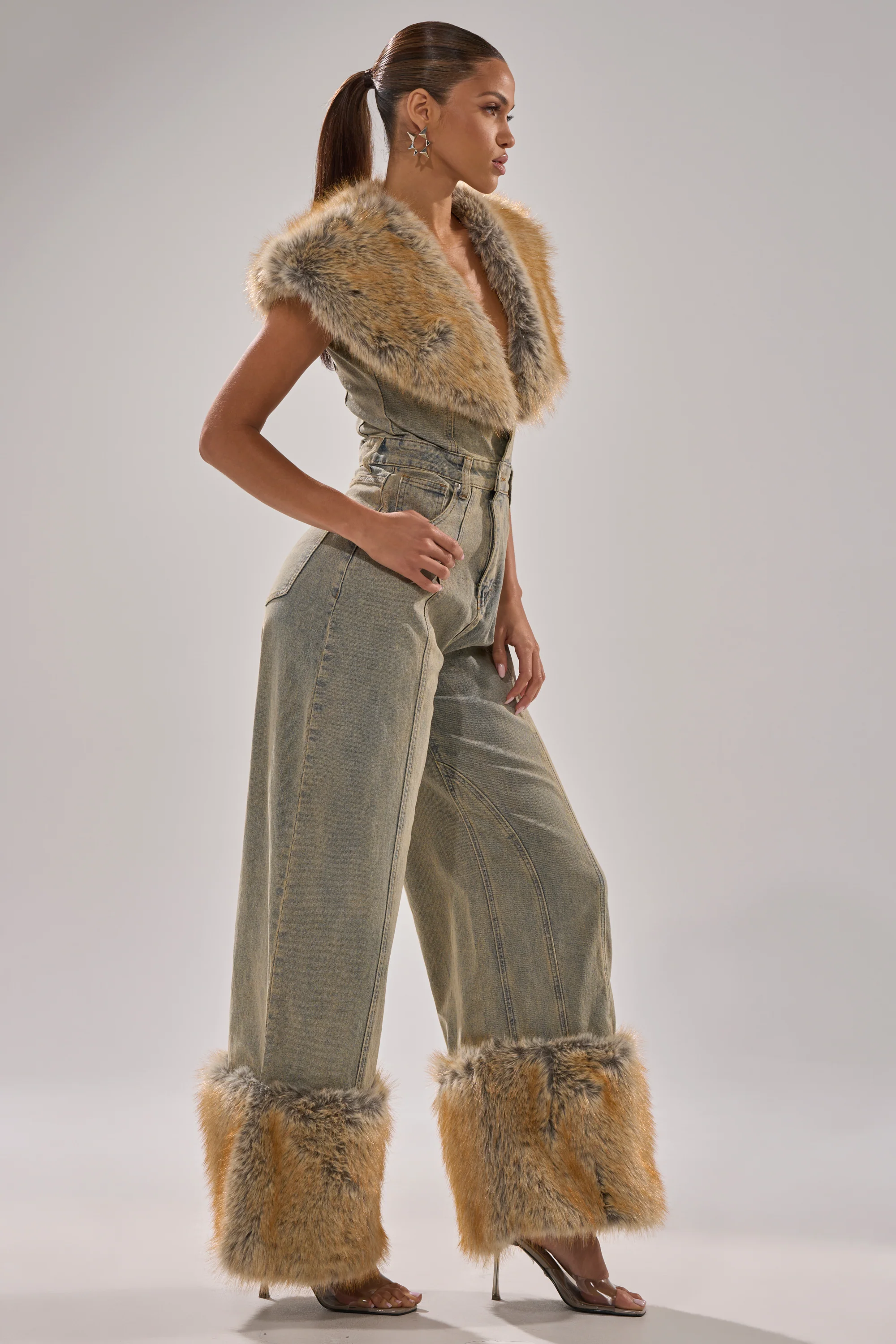 TALK THAT TALK DENIM FUR JUMPSUIT IN VINTAGE BLUE - Image 5