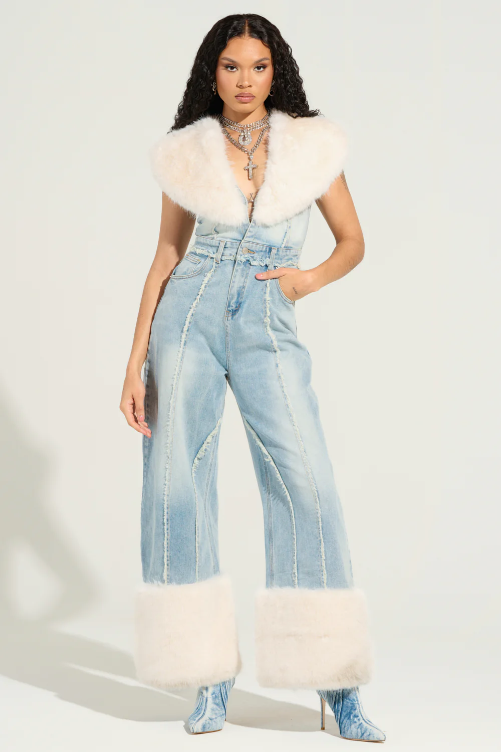 TALK THAT TALK DENIM FUR JUMPSUIT - Image 3