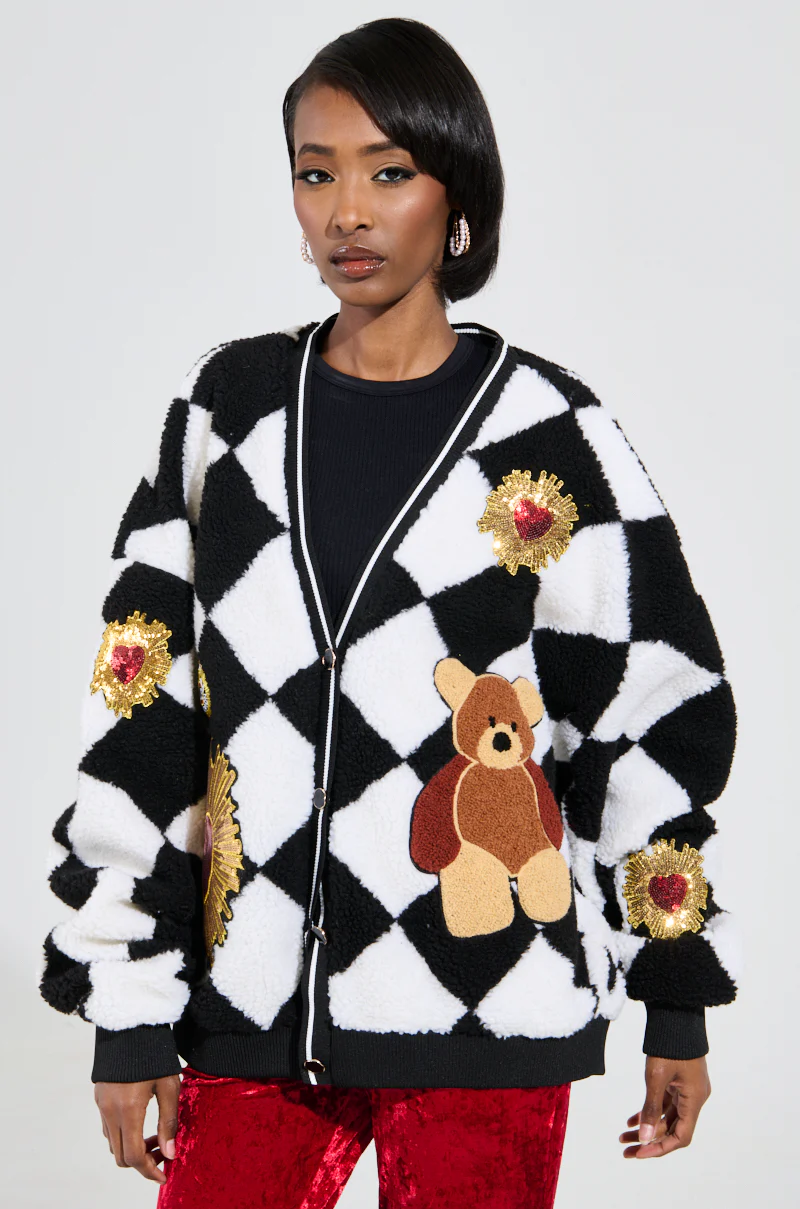 TEDDY BEAR CUTE CHECKERED BUTTON DOWN CARDIGAN - Image 2