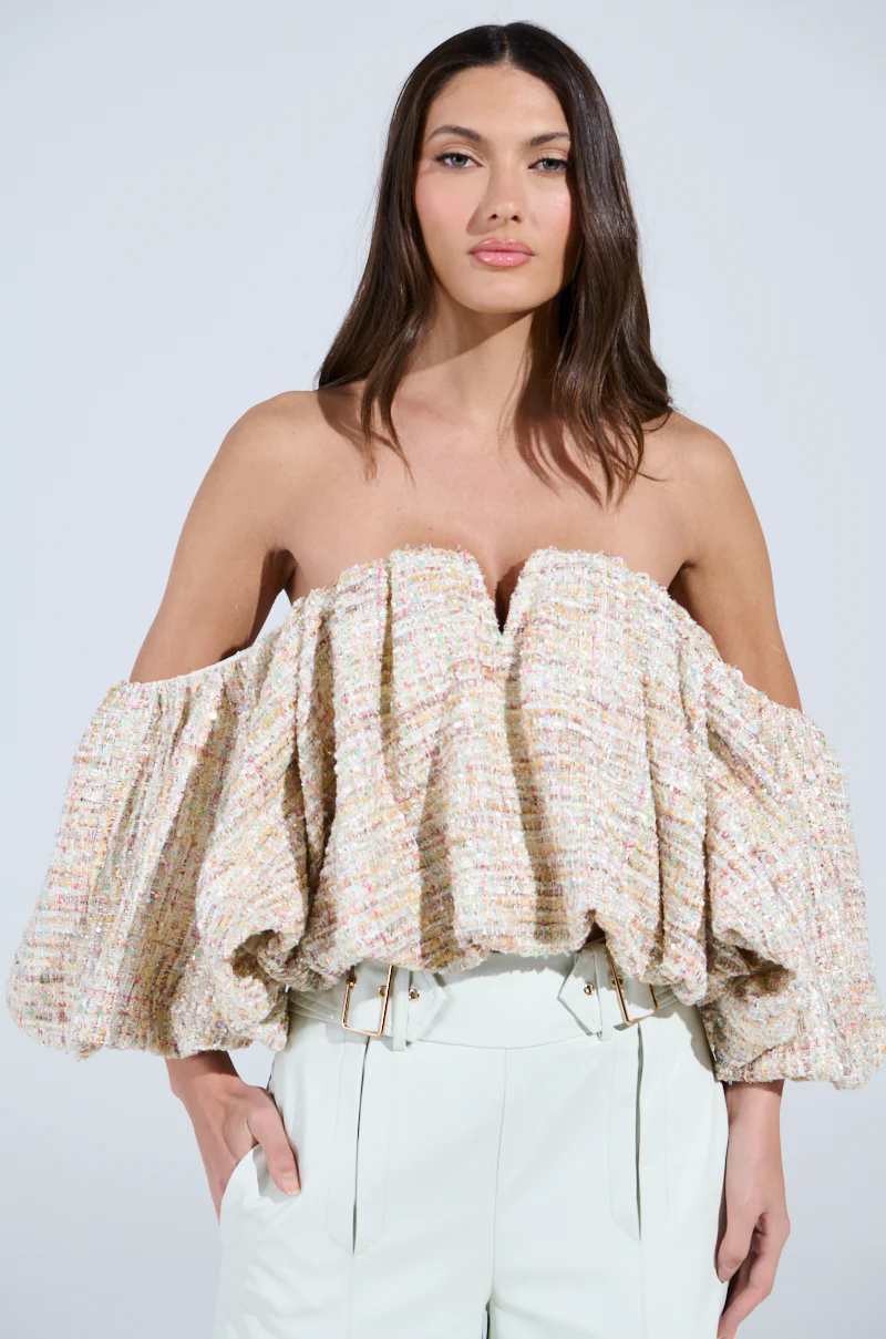 THE PRETTIEST FLOWER TWEED OFF-SHOULDER TOP - Image 2