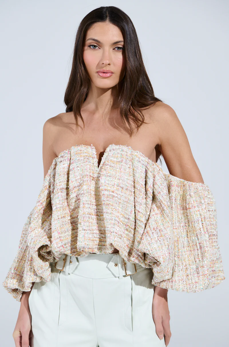 THE PRETTIEST FLOWER TWEED OFF-SHOULDER TOP - Image 3