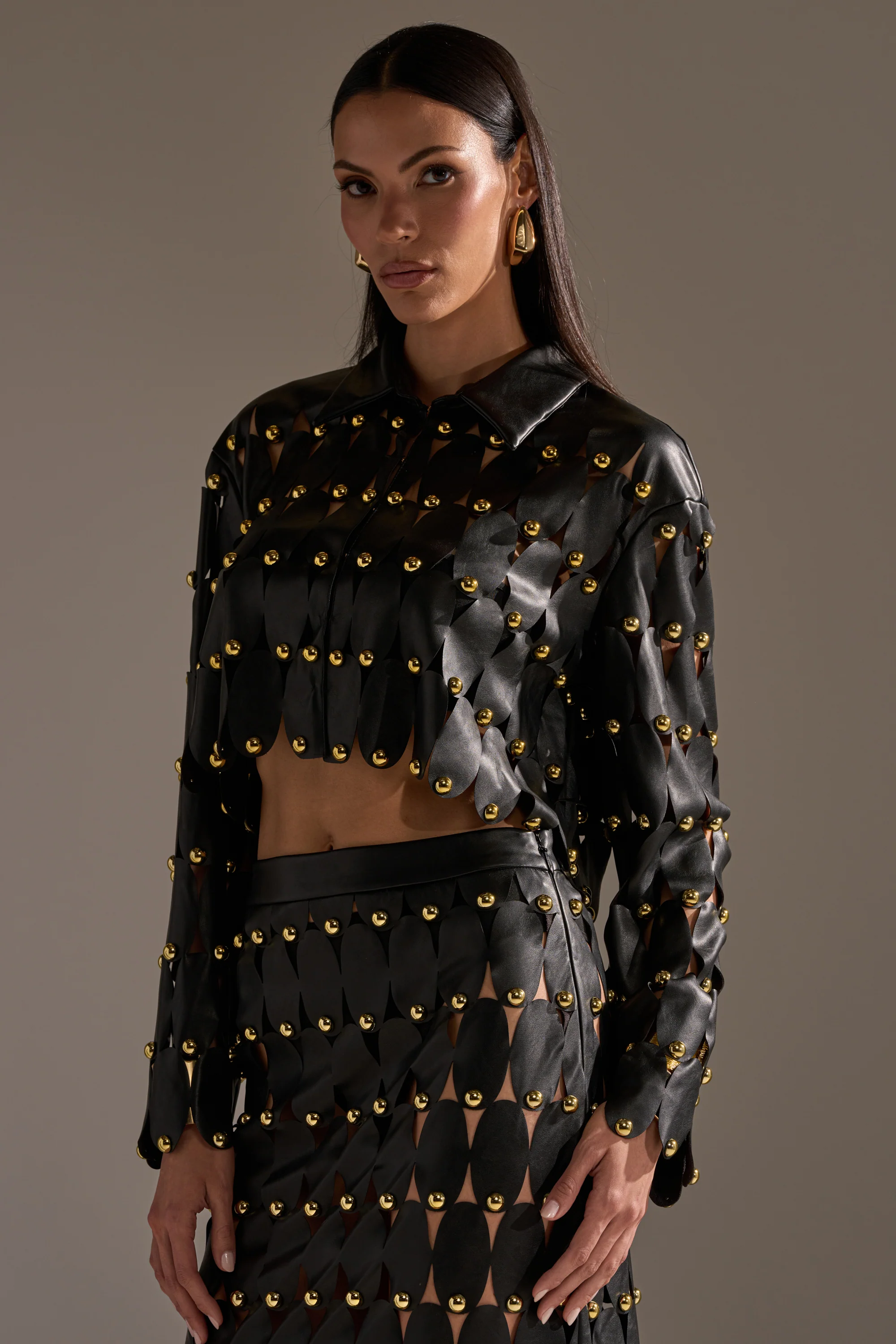 THE SNEAK PEEK STUDDED PU BLOUSE IN BLACK