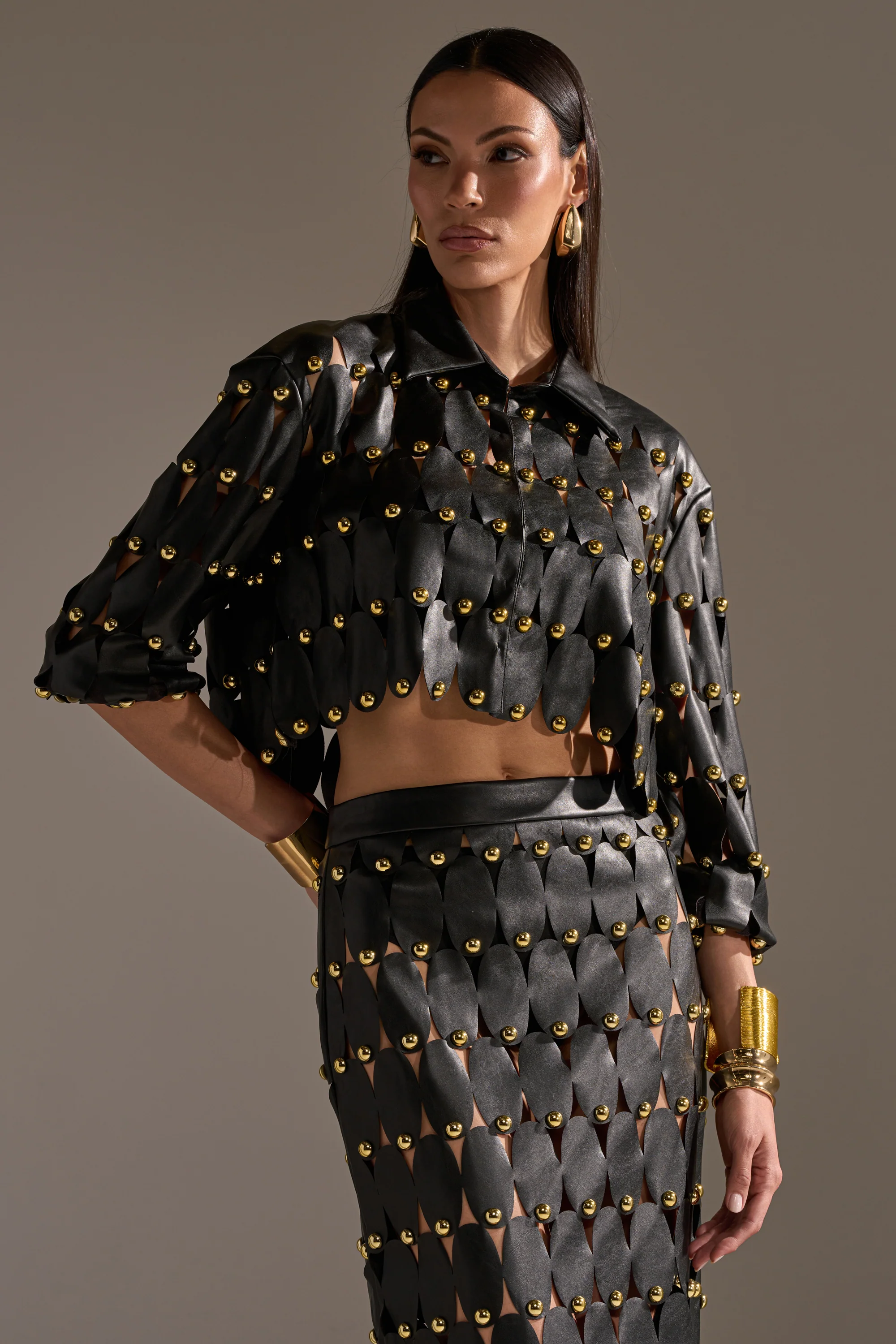 THE SNEAK PEEK STUDDED PU BLOUSE IN BLACK - Image 2