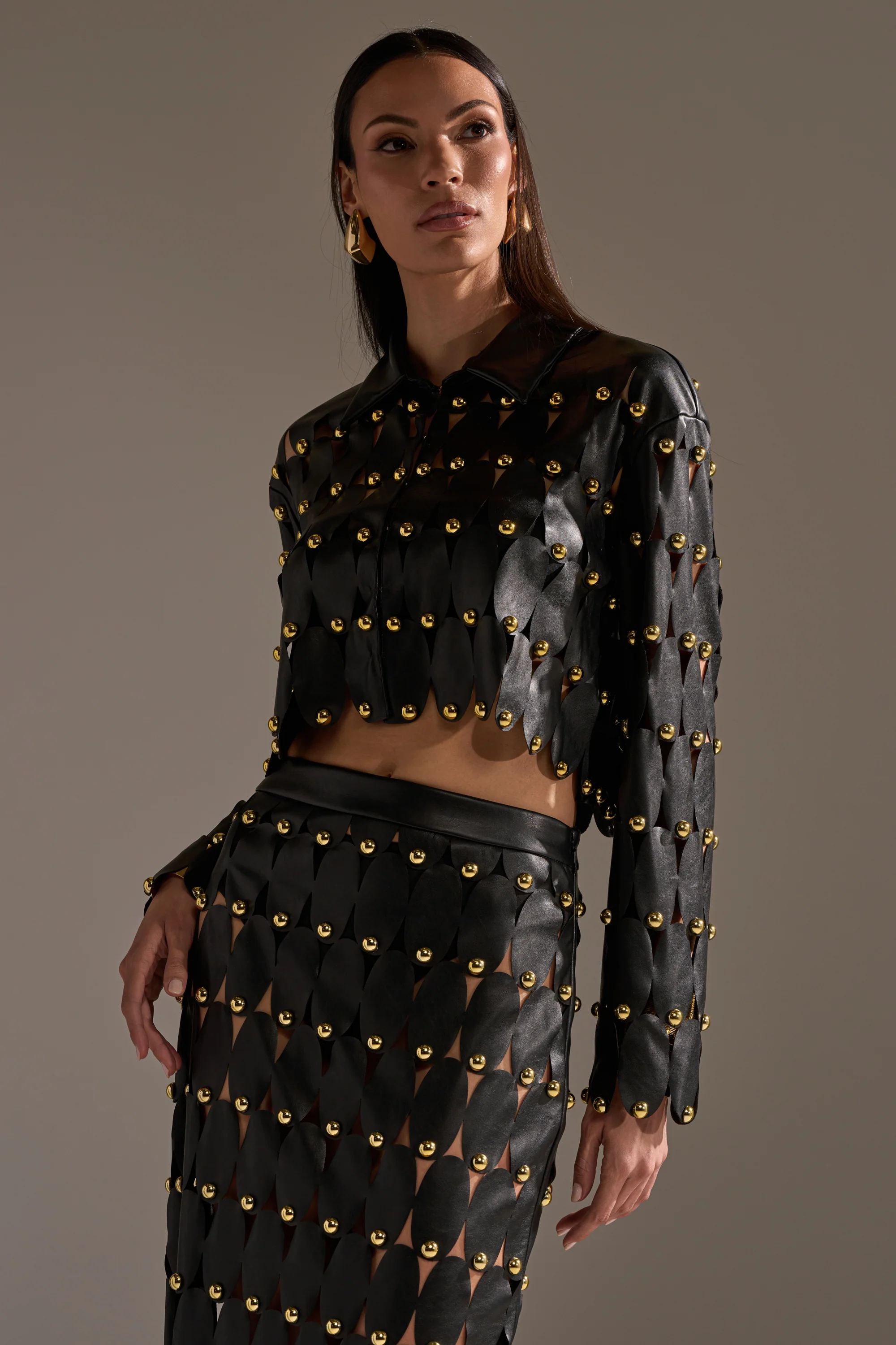 THE SNEAK PEEK STUDDED PU BLOUSE IN BLACK - Image 3