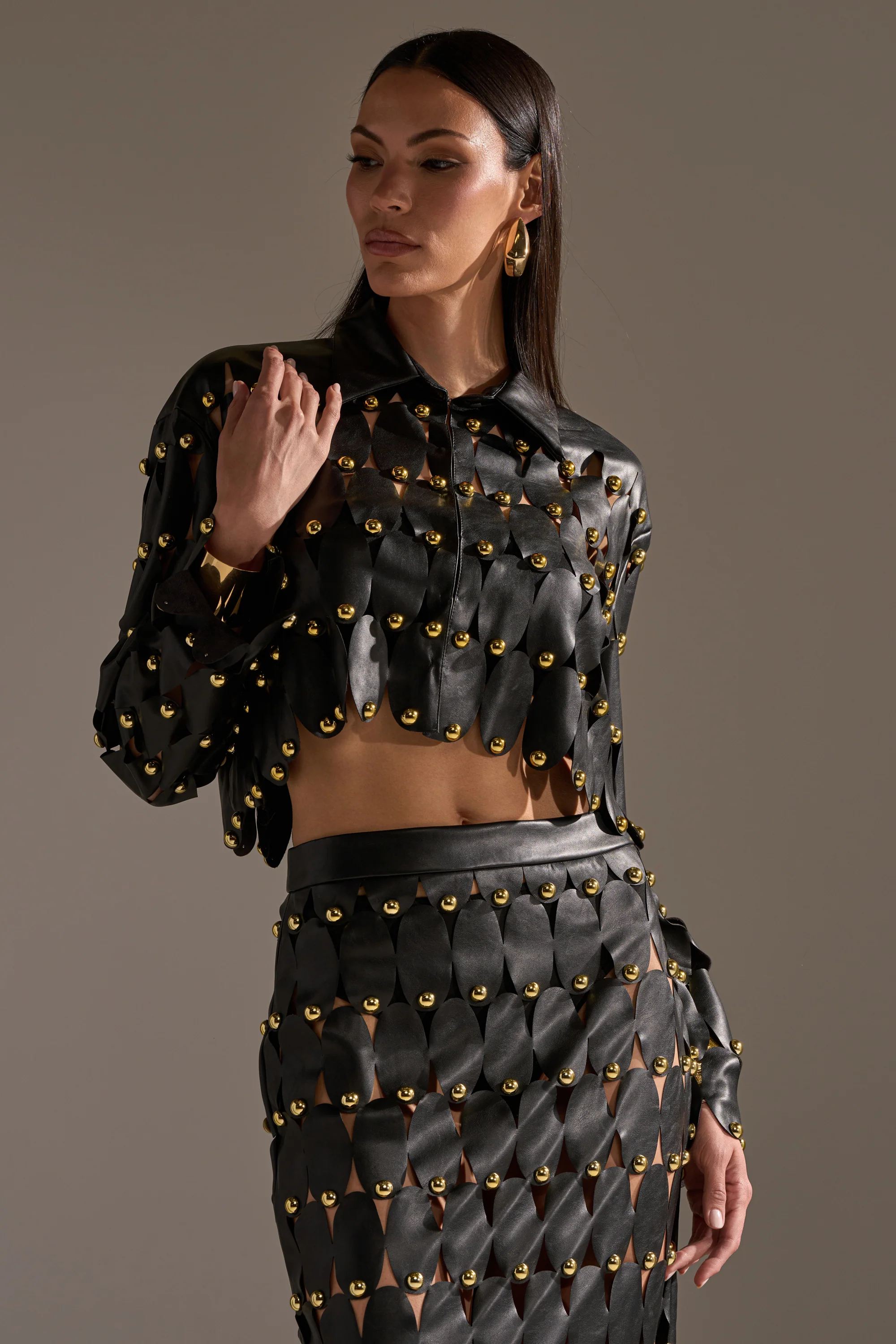 THE SNEAK PEEK STUDDED PU BLOUSE IN BLACK - Image 4