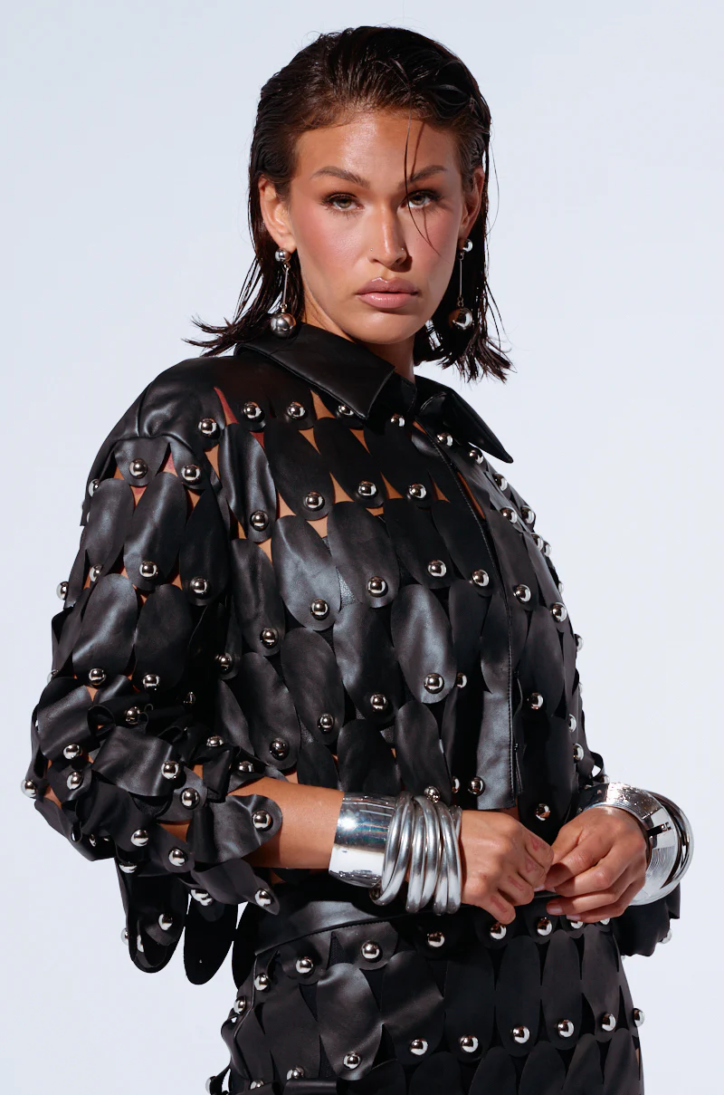 THE SNEAK PEEK STUDDED PU BLOUSE IN BLACK - Image 3