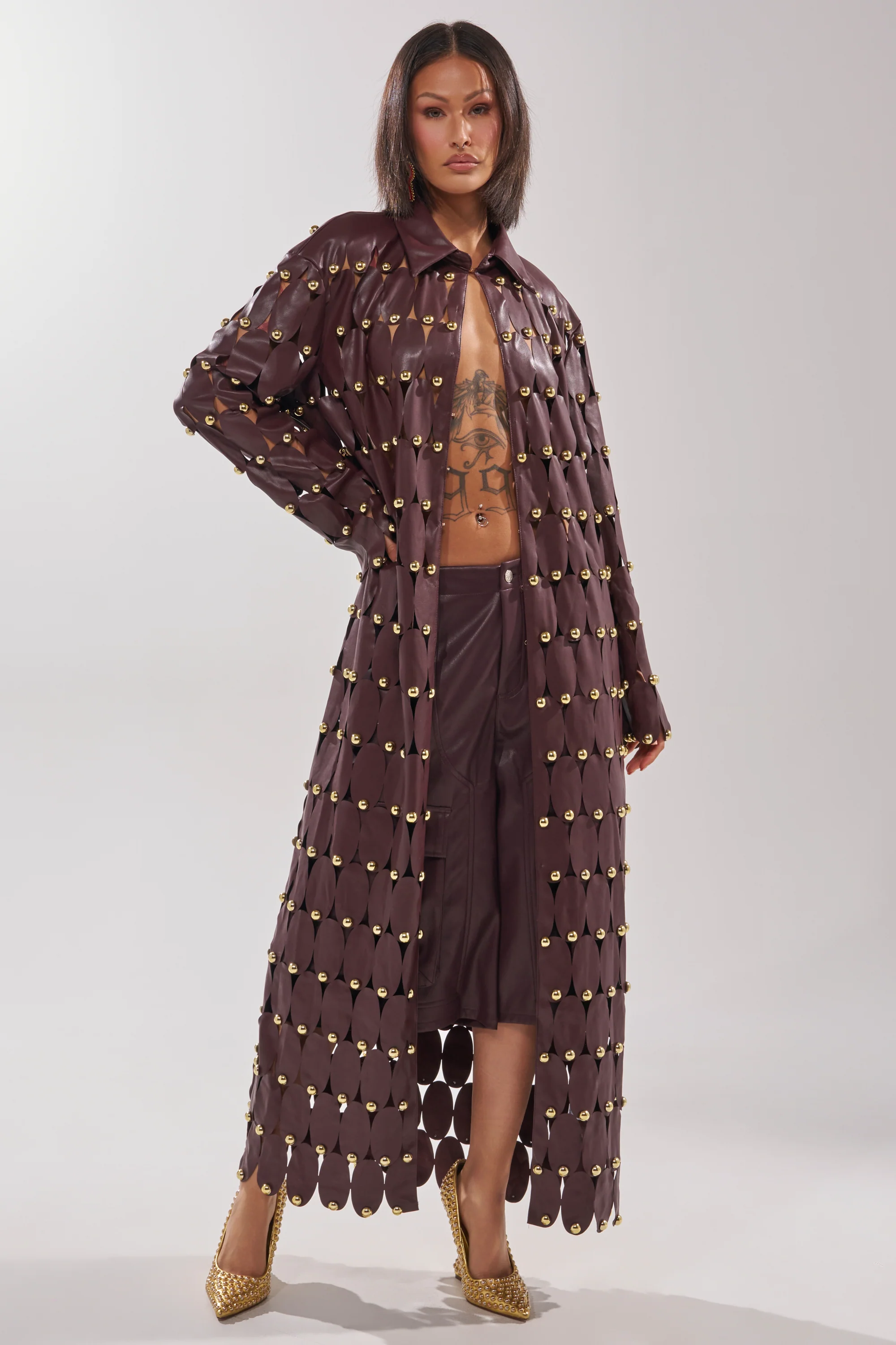 THE SNEAK PEEK STUDDED PU LONG CARDIGAN IN BURGUNDY