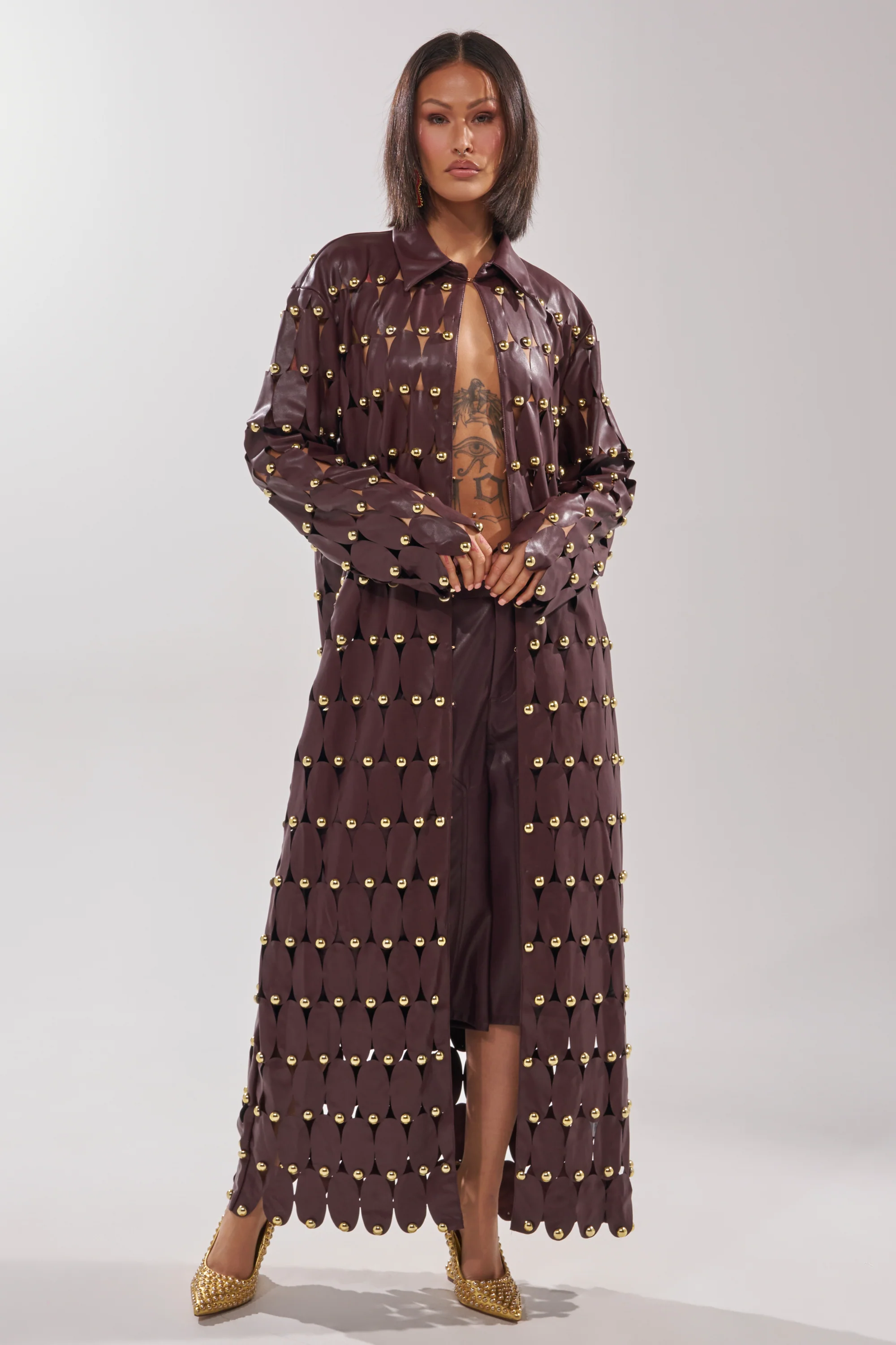 THE SNEAK PEEK STUDDED PU LONG CARDIGAN IN BURGUNDY - Image 2