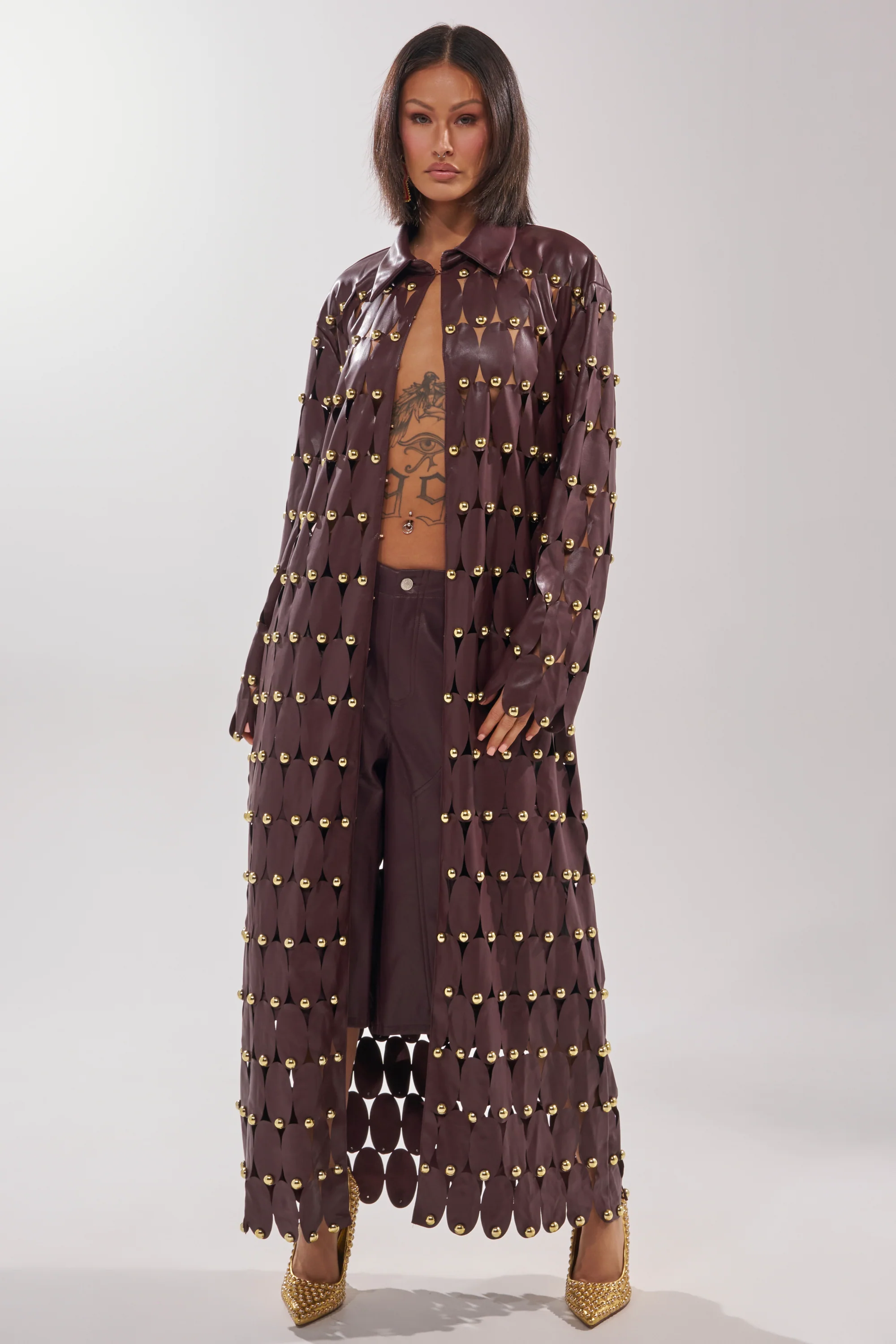 THE SNEAK PEEK STUDDED PU LONG CARDIGAN IN BURGUNDY - Image 3
