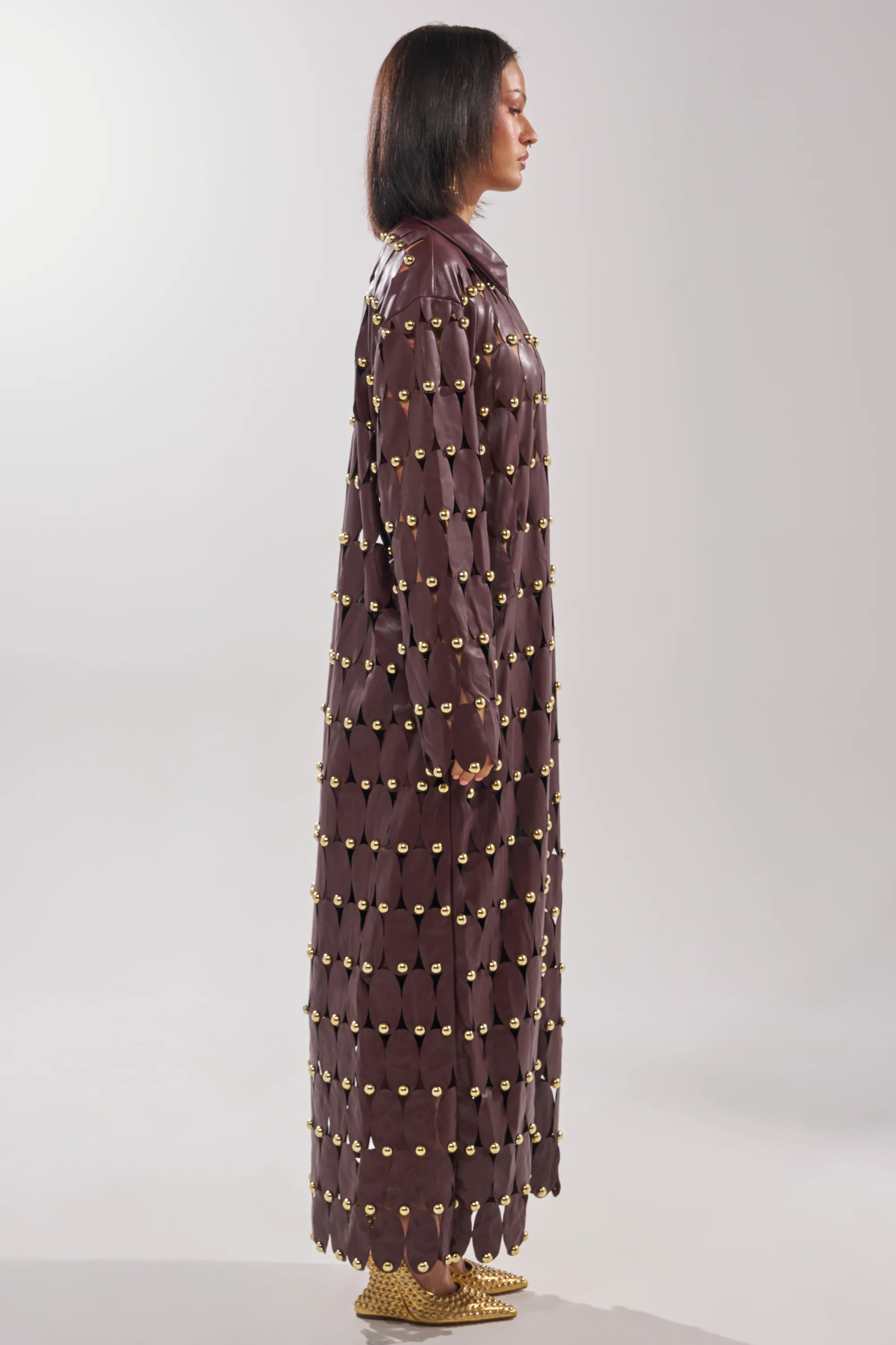 THE SNEAK PEEK STUDDED PU LONG CARDIGAN IN BURGUNDY - Image 4