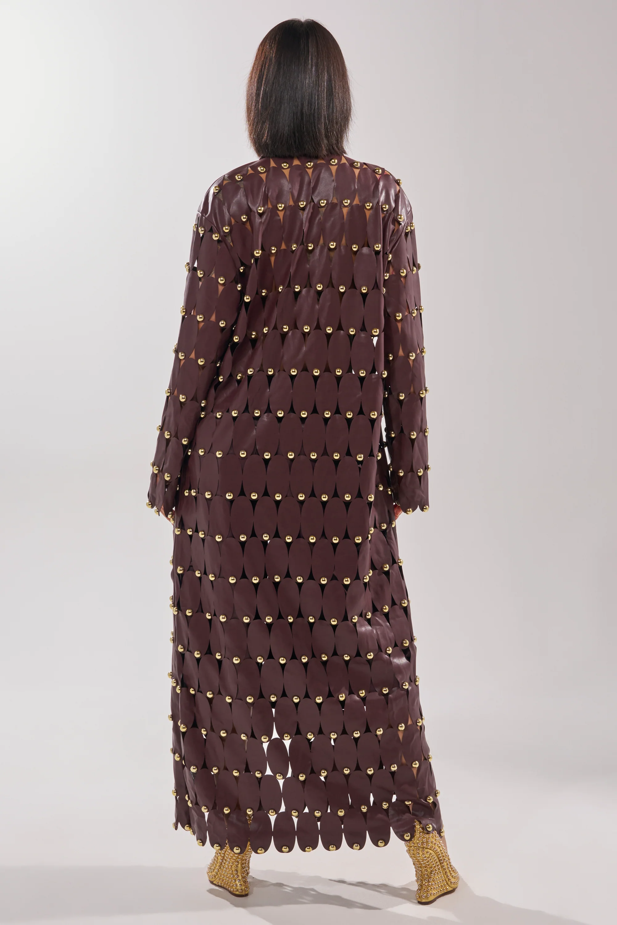 THE SNEAK PEEK STUDDED PU LONG CARDIGAN IN BURGUNDY - Image 5