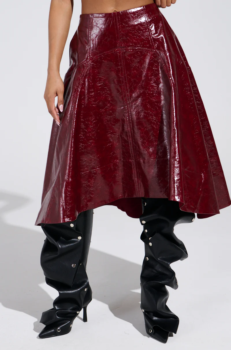 THINK ABOUT IT FAUX LEATHER MIDI SKIRT IN BURGUNDY - Image 3