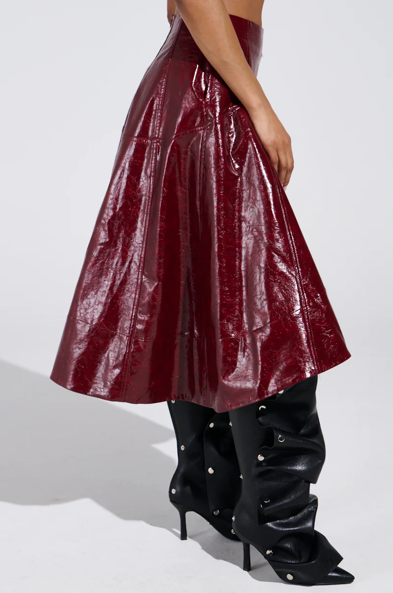 THINK ABOUT IT FAUX LEATHER MIDI SKIRT IN BURGUNDY - Image 4