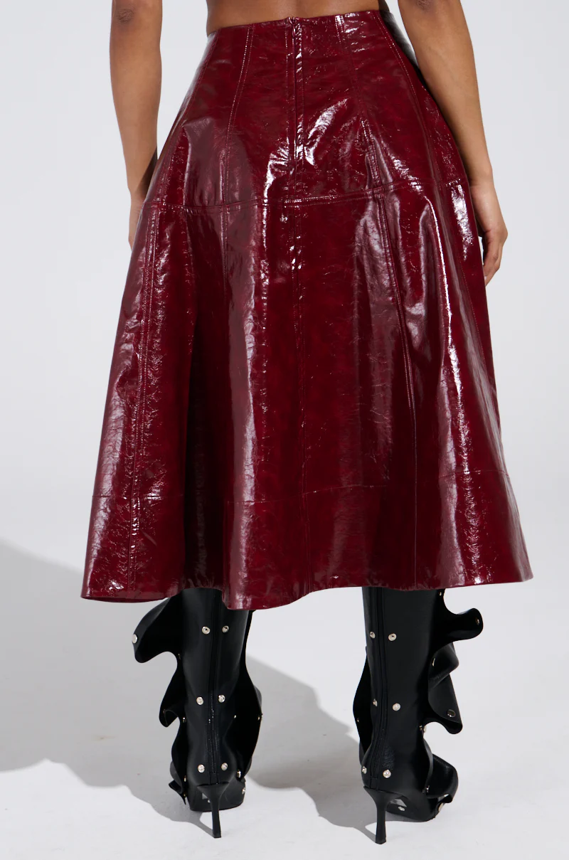 THINK ABOUT IT FAUX LEATHER MIDI SKIRT IN BURGUNDY - Image 5