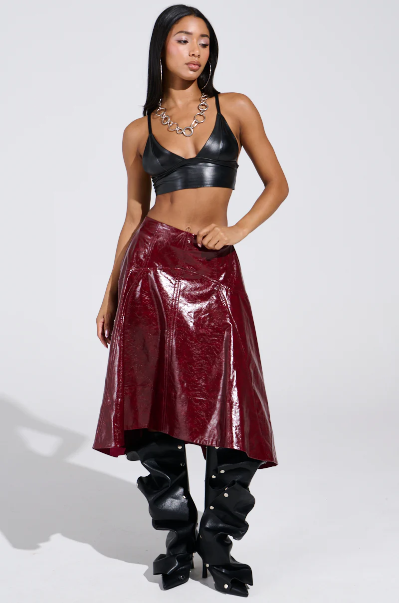 THINK ABOUT IT FAUX LEATHER MIDI SKIRT IN BURGUNDY - Image 6
