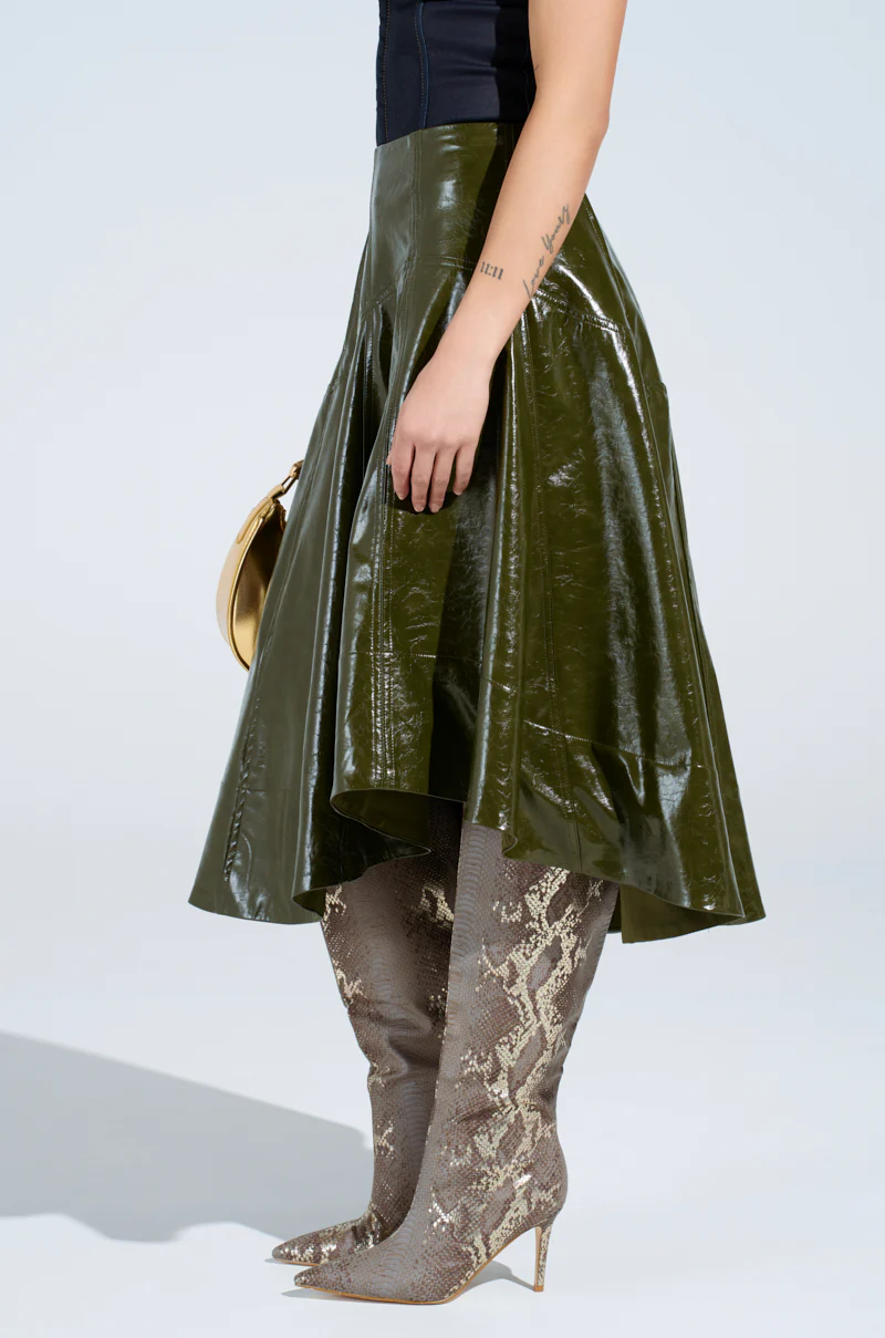 THINK ABOUT IT FAUX LEATHER MIDI SKIRT IN OLIVE - Image 2