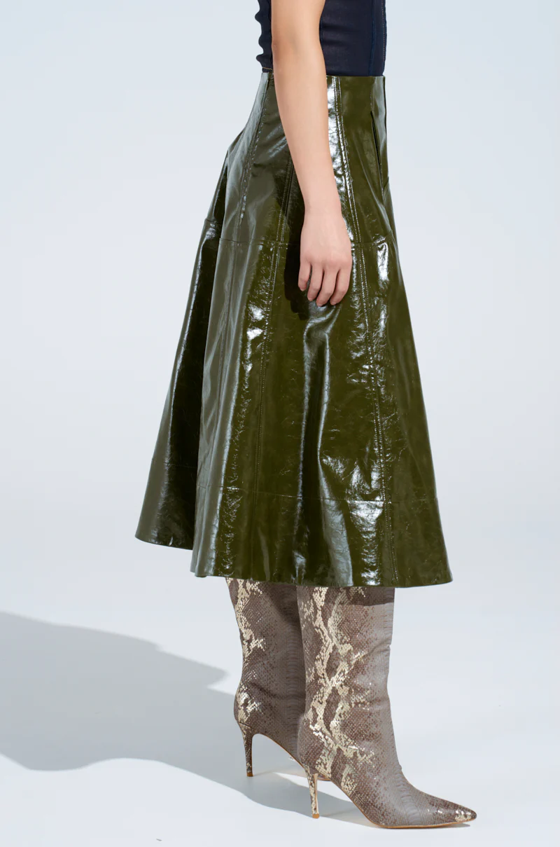 THINK ABOUT IT FAUX LEATHER MIDI SKIRT IN OLIVE - Image 3