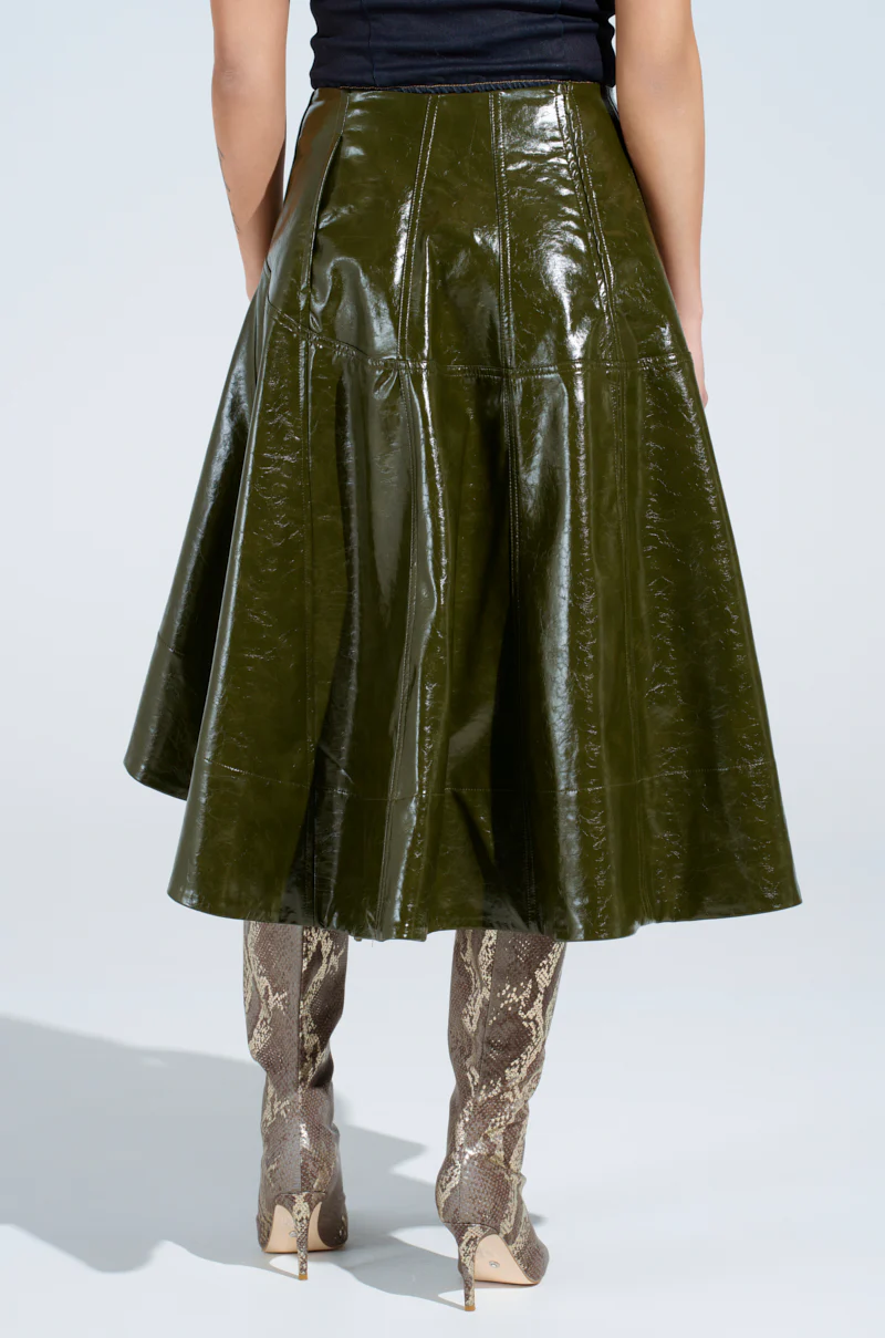 THINK ABOUT IT FAUX LEATHER MIDI SKIRT IN OLIVE - Image 4