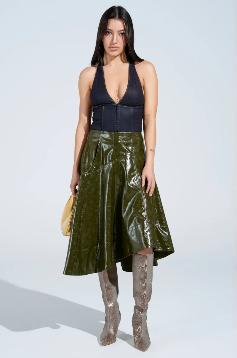 THINK ABOUT IT FAUX LEATHER MIDI SKIRT IN OLIVE - Image 5