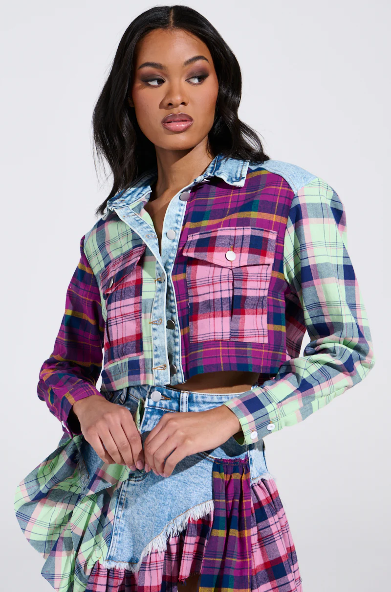 THINK ABOUT ME MORE BUTTON DOWN TOP WITH PLAID DETAILS - Image 2