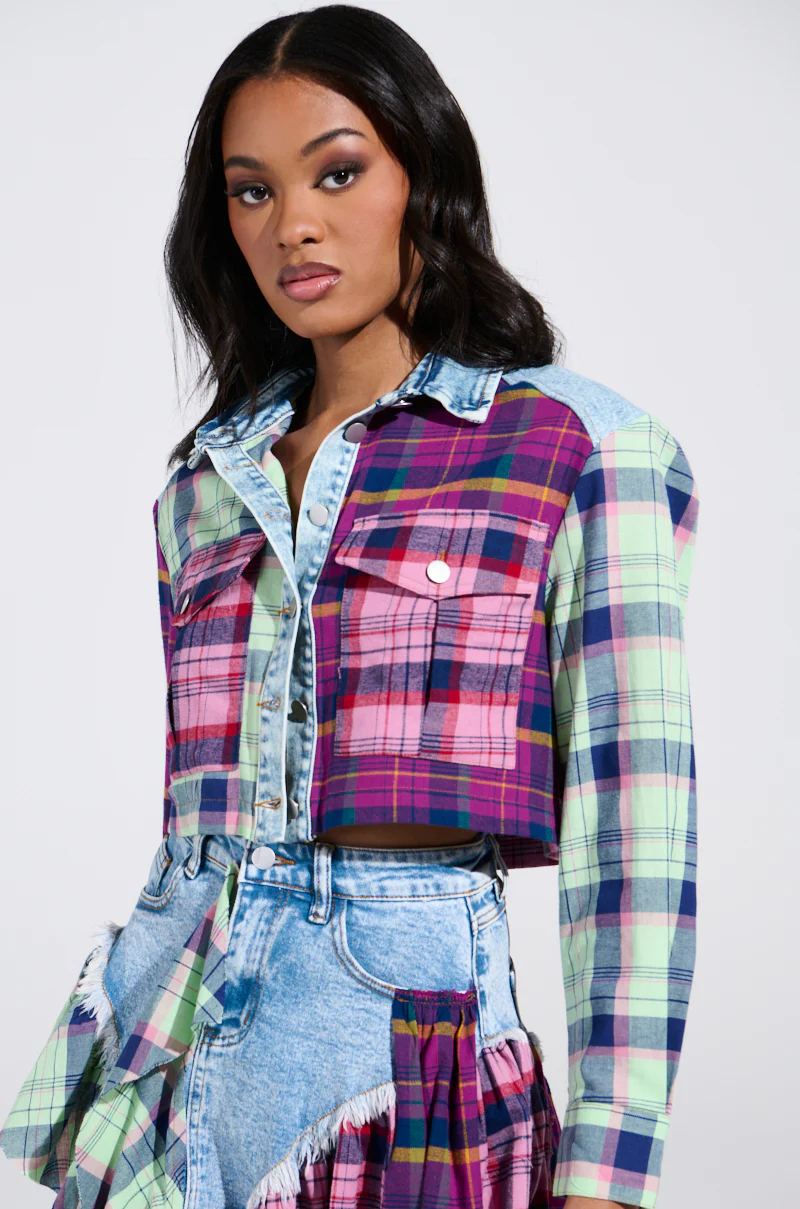 THINK ABOUT ME MORE BUTTON DOWN TOP WITH PLAID DETAILS - Image 3