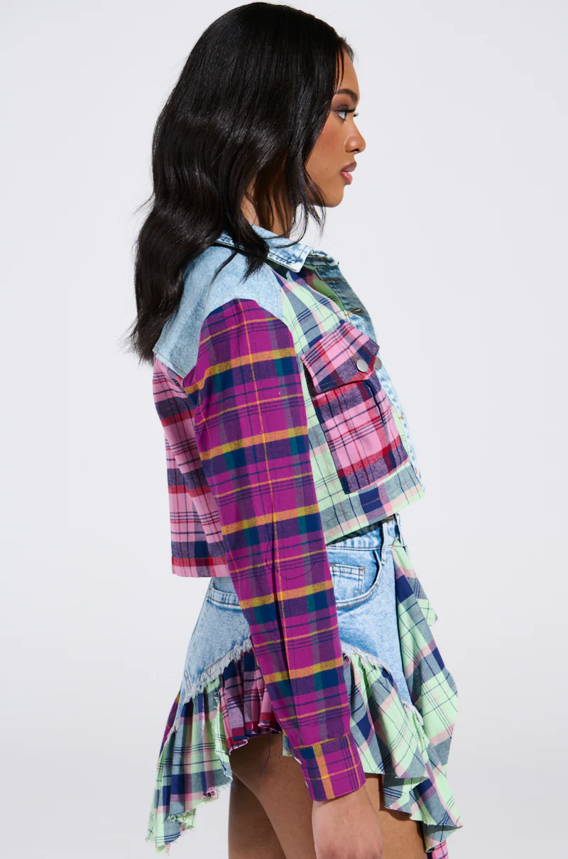 THINK ABOUT ME MORE BUTTON DOWN TOP WITH PLAID DETAILS - Image 5