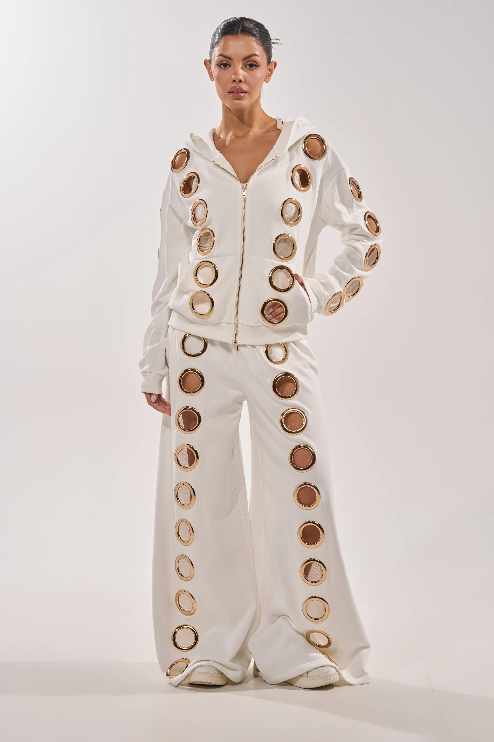 THROUGH THE NIGHT WIDE LEG SWEATPANT WITH HOLES IN WHITE