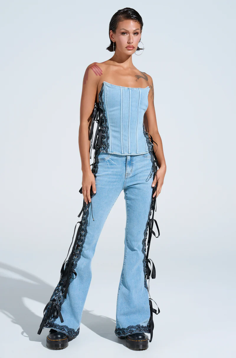 TICKED AND TIED LACE AND BOW DETAIL DENIM PANTS - Image 7