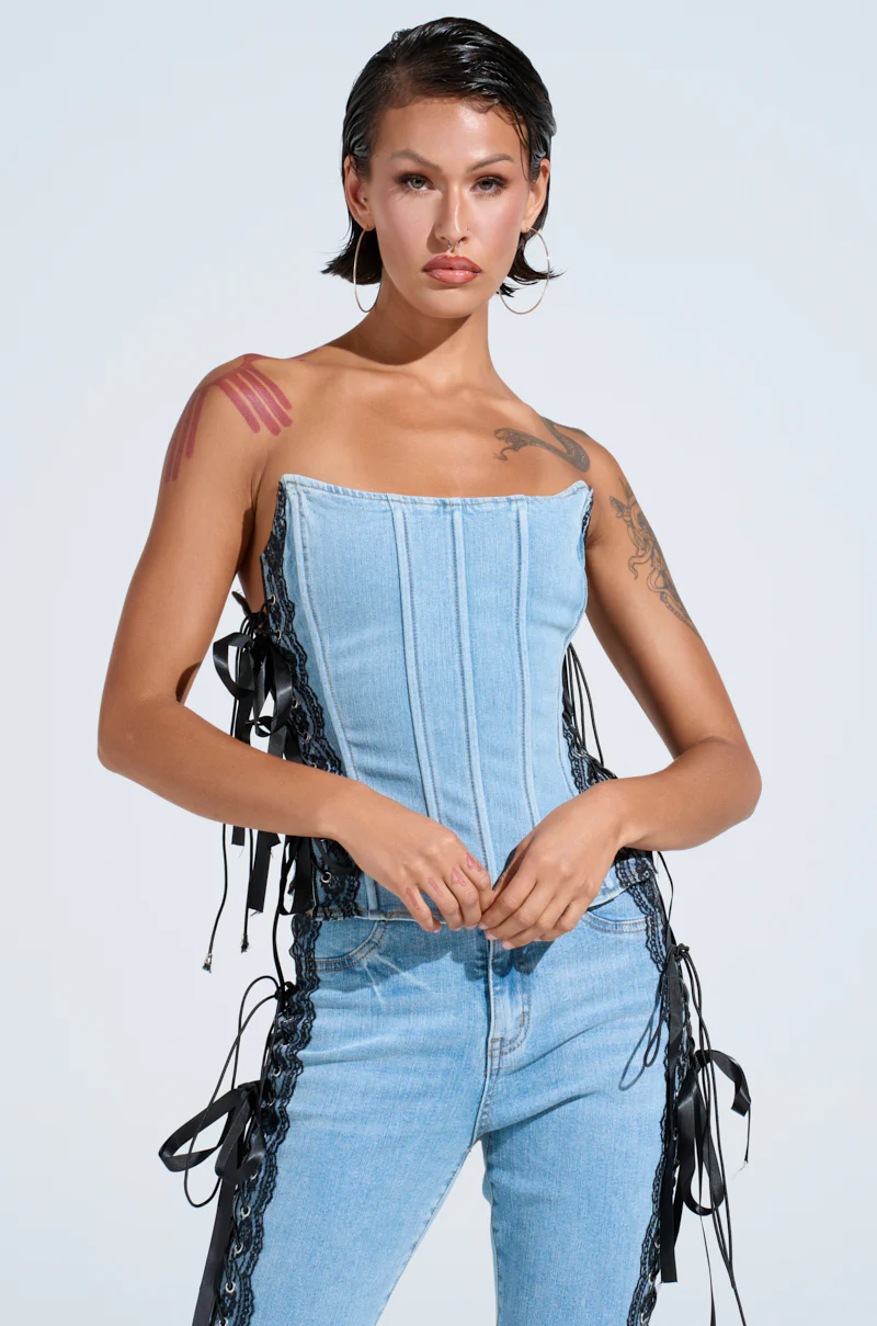 TICKED AND TIED LACE DETAIL DENIM CORSET - Image 2
