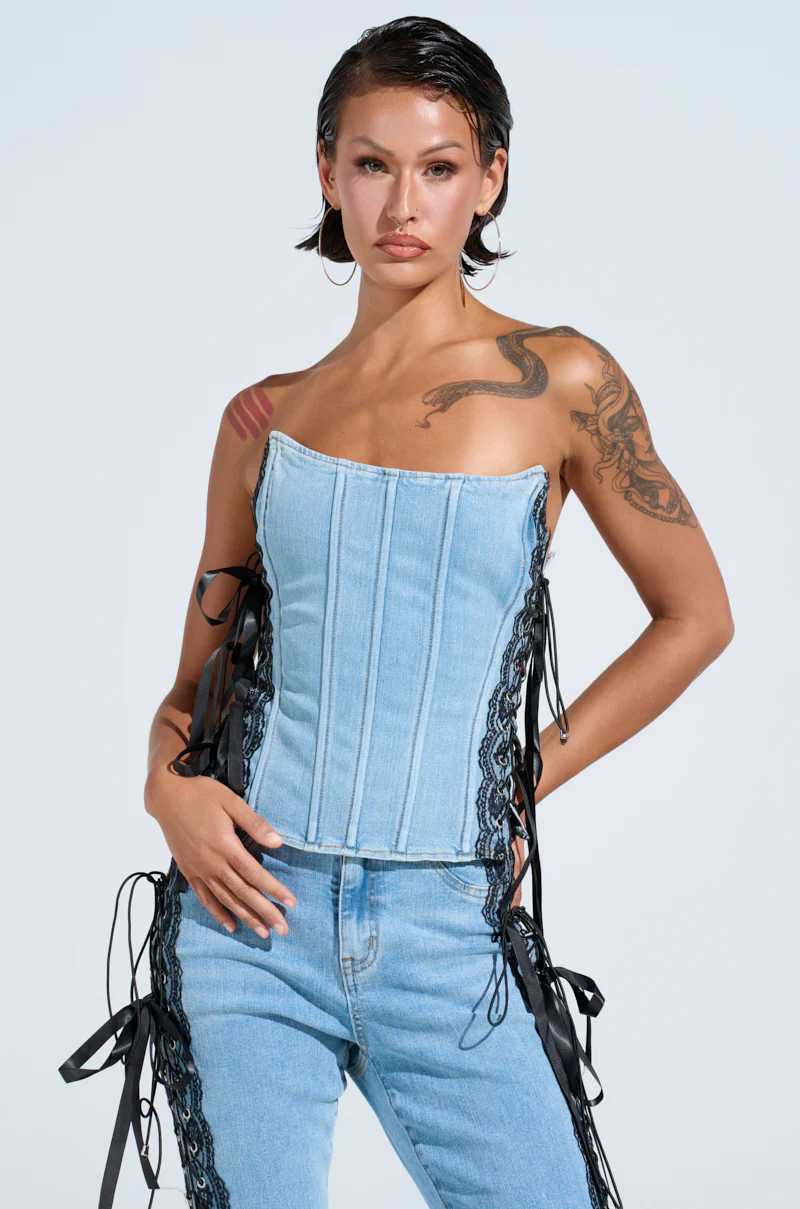 TICKED AND TIED LACE DETAIL DENIM CORSET - Image 3
