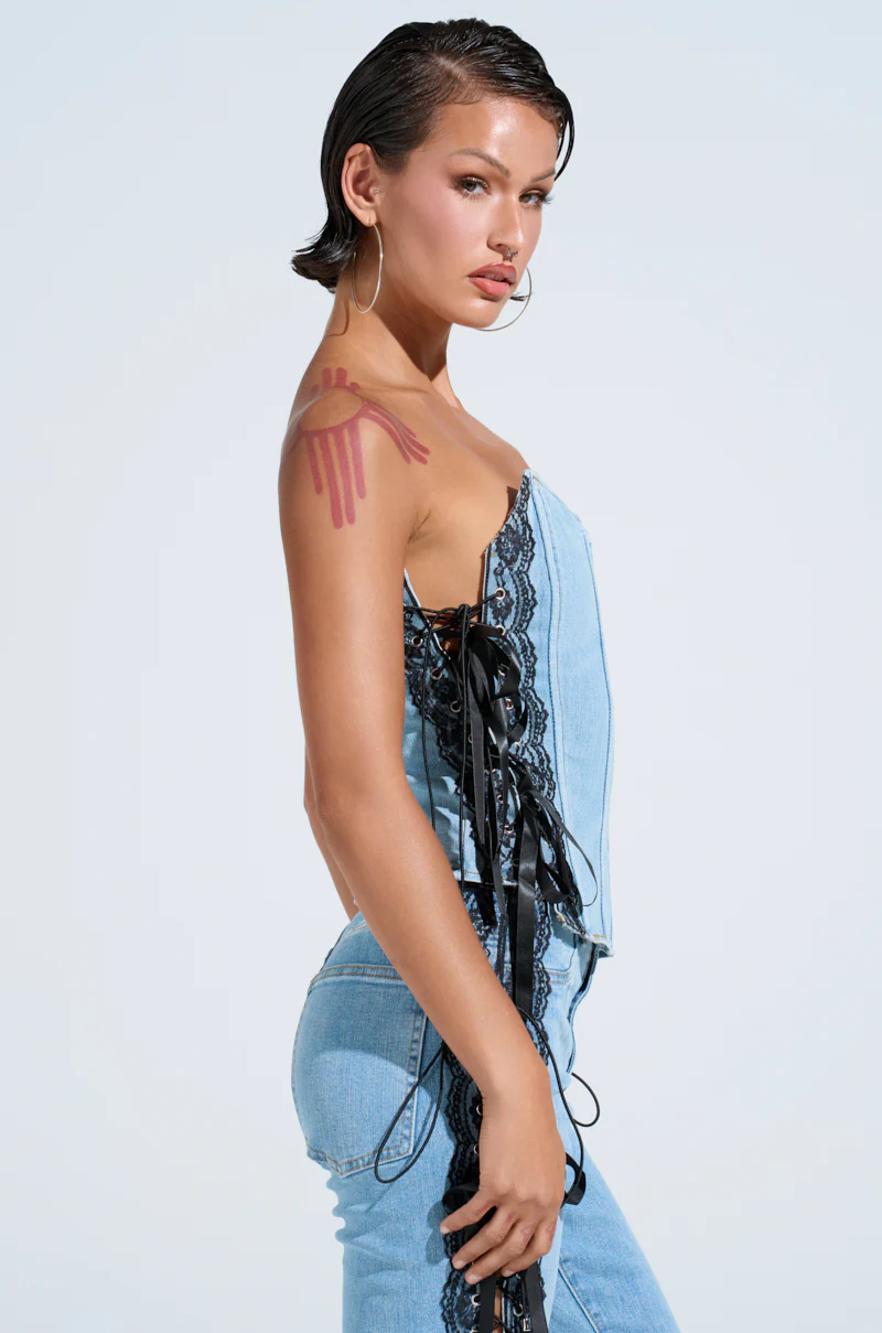 TICKED AND TIED LACE DETAIL DENIM CORSET - Image 4
