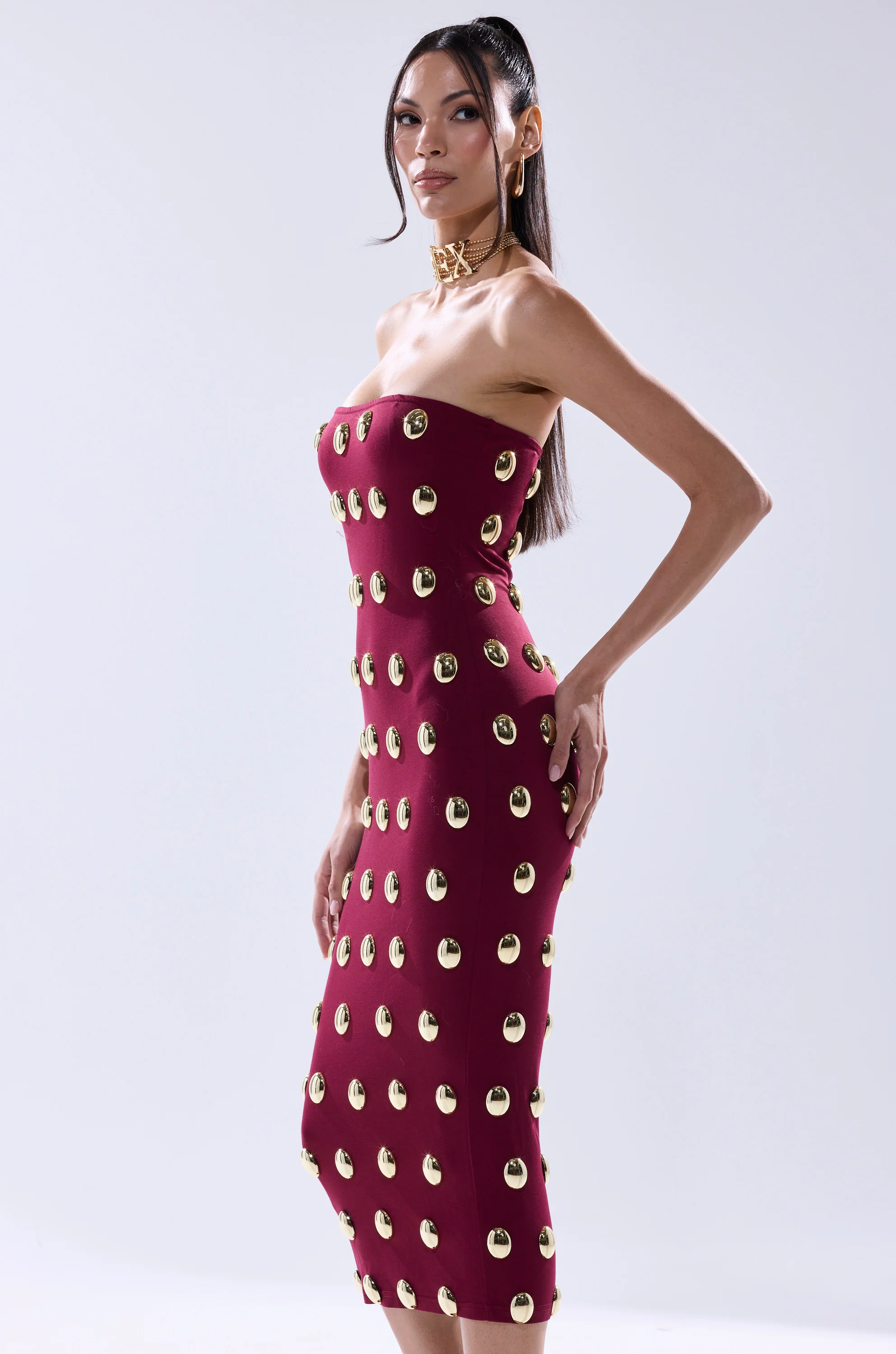 TIME AFTER TIME MIDI DRESS WITH METAL DETAILING IN BURGUNDY - Image 6