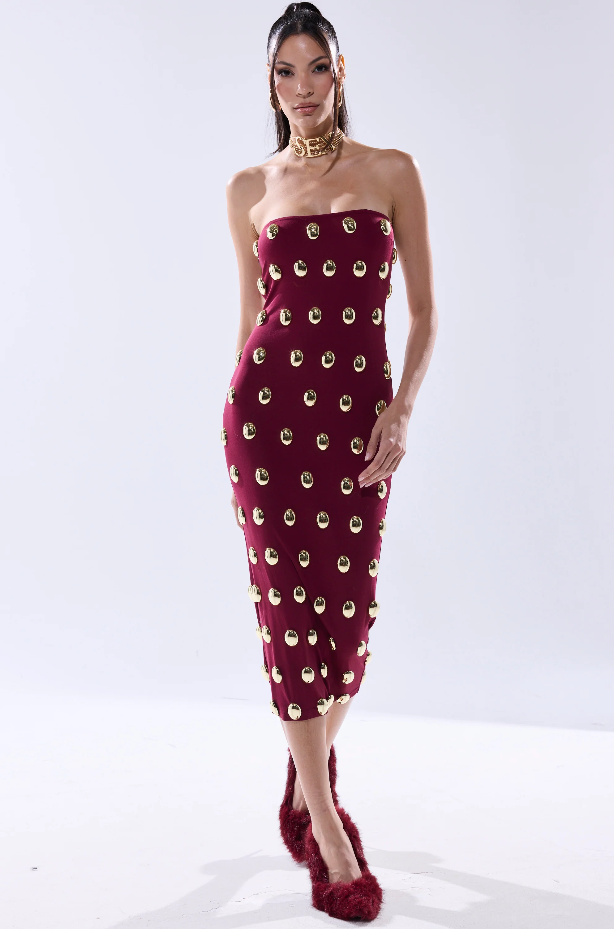 TIME AFTER TIME MIDI DRESS WITH METAL DETAILING IN BURGUNDY - Image 8