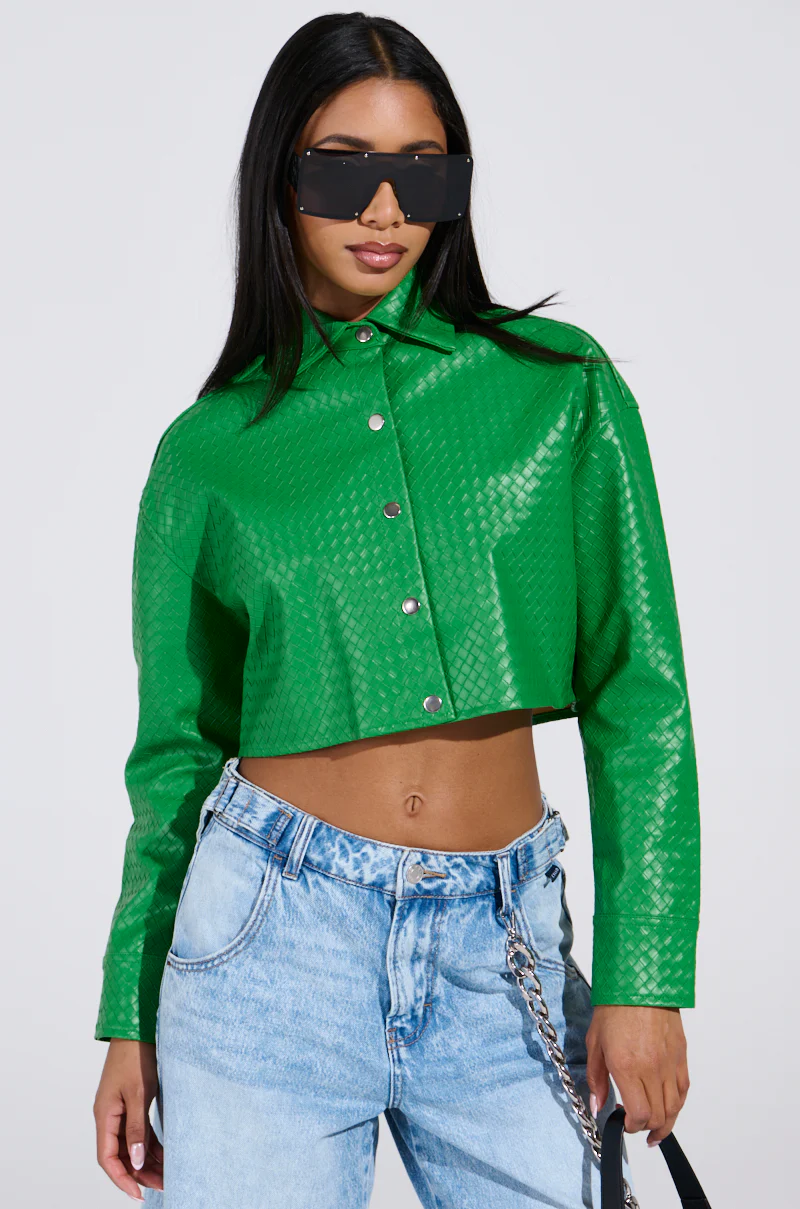 TOO EXPENSIVE FOR YOU WOVEN PU CROPPED BUTTON UP SHIRT - Image 2