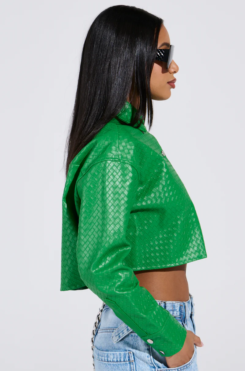 TOO EXPENSIVE FOR YOU WOVEN PU CROPPED BUTTON UP SHIRT - Image 3